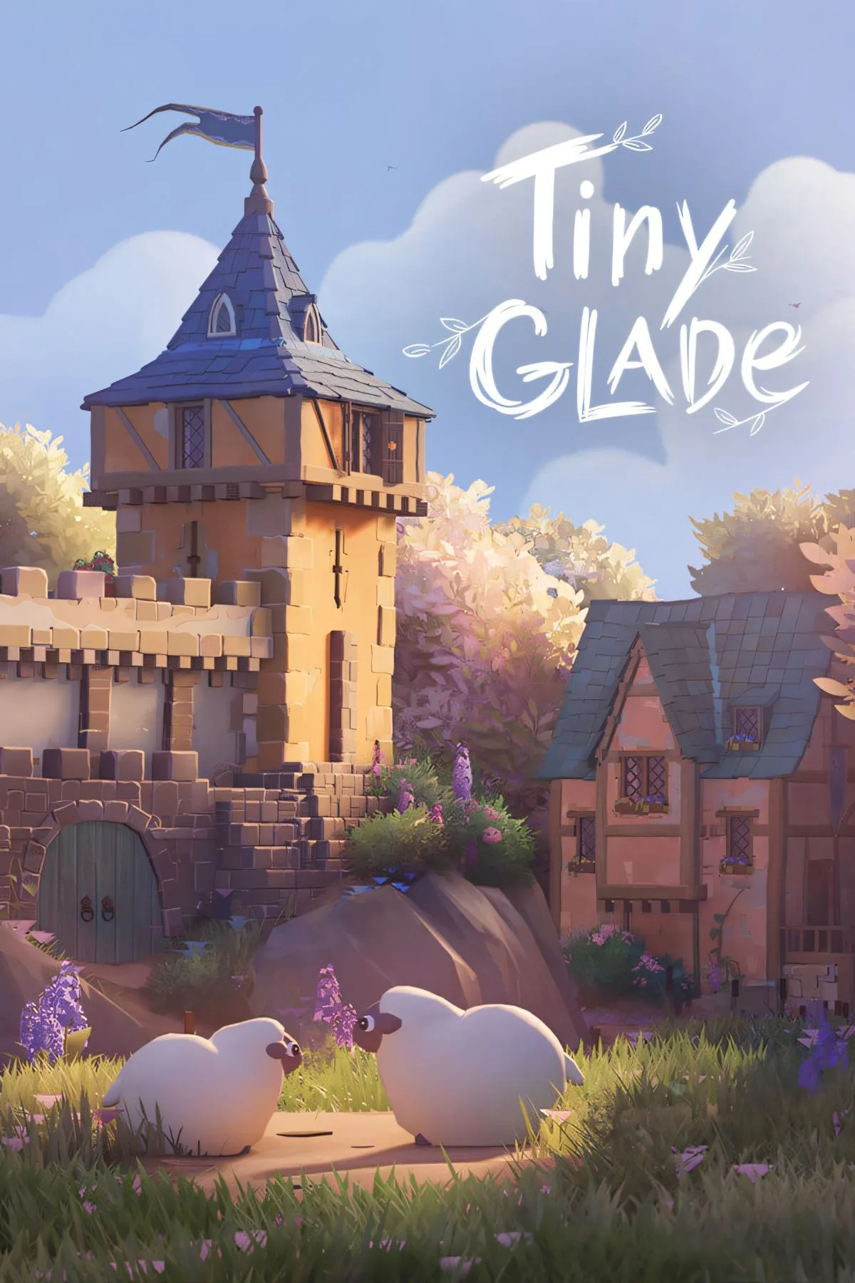 Ảnh bìa game Tiny Glade, thể hiện ngôi làng thời trung cổ nhỏ nhắn với những ngôi nhà ấm cúng và khu vườn xanh mát