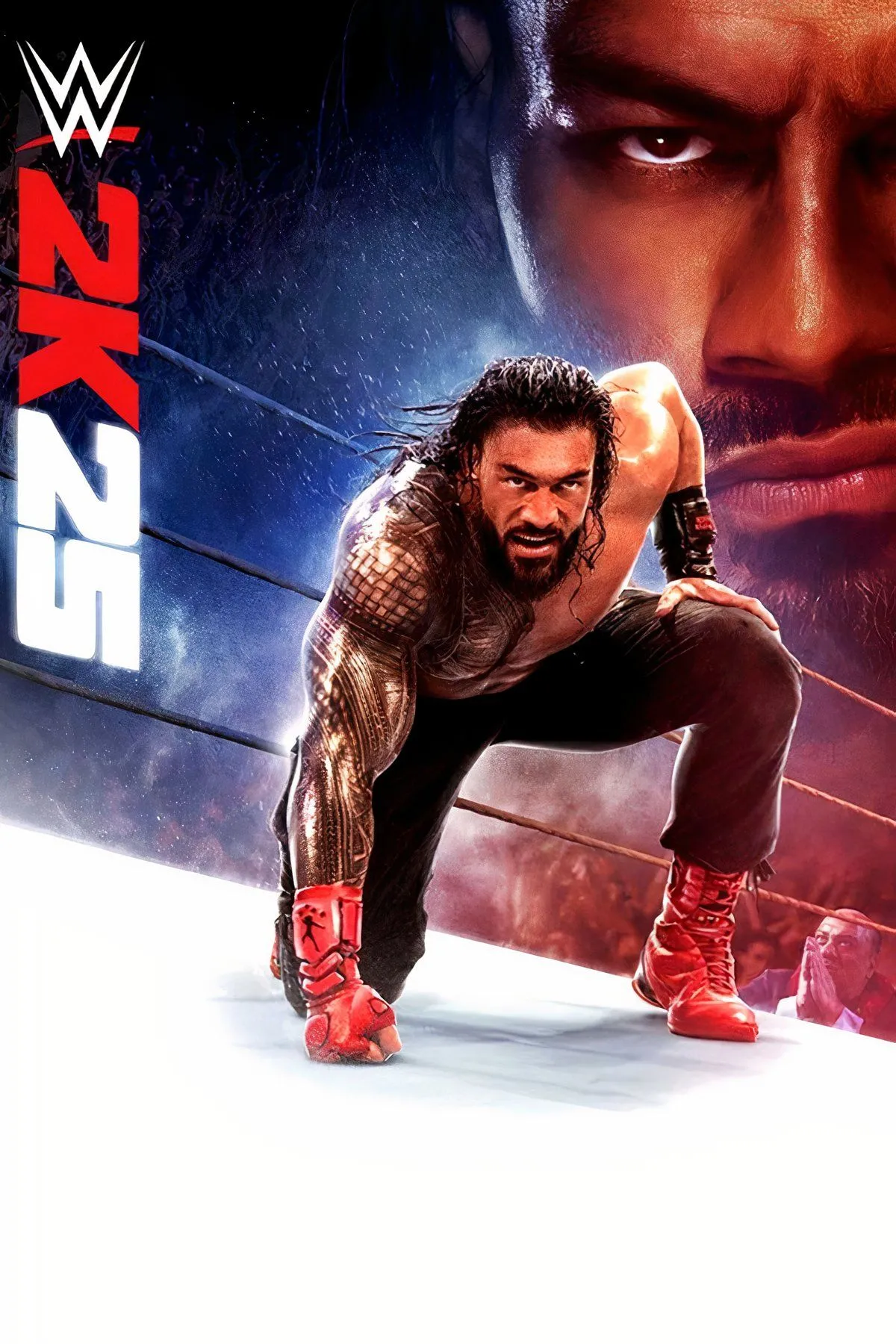 Ảnh bìa game WWE 2K25, minh họa một đô vật nổi tiếng trong tư thế biểu tượng