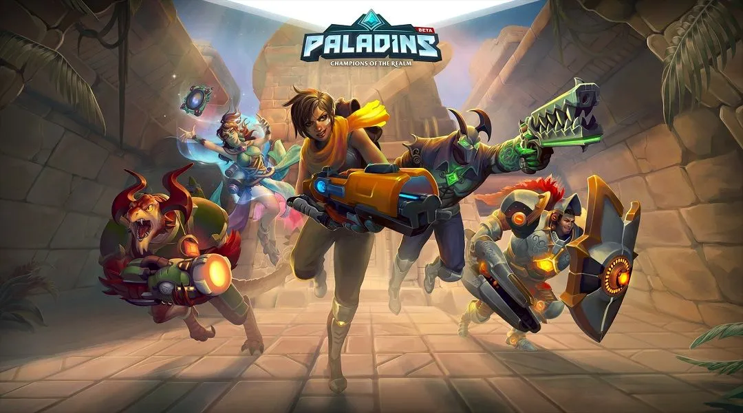 Ảnh bìa Paladins Champions of the Realm với các anh hùng đang chiến đấu