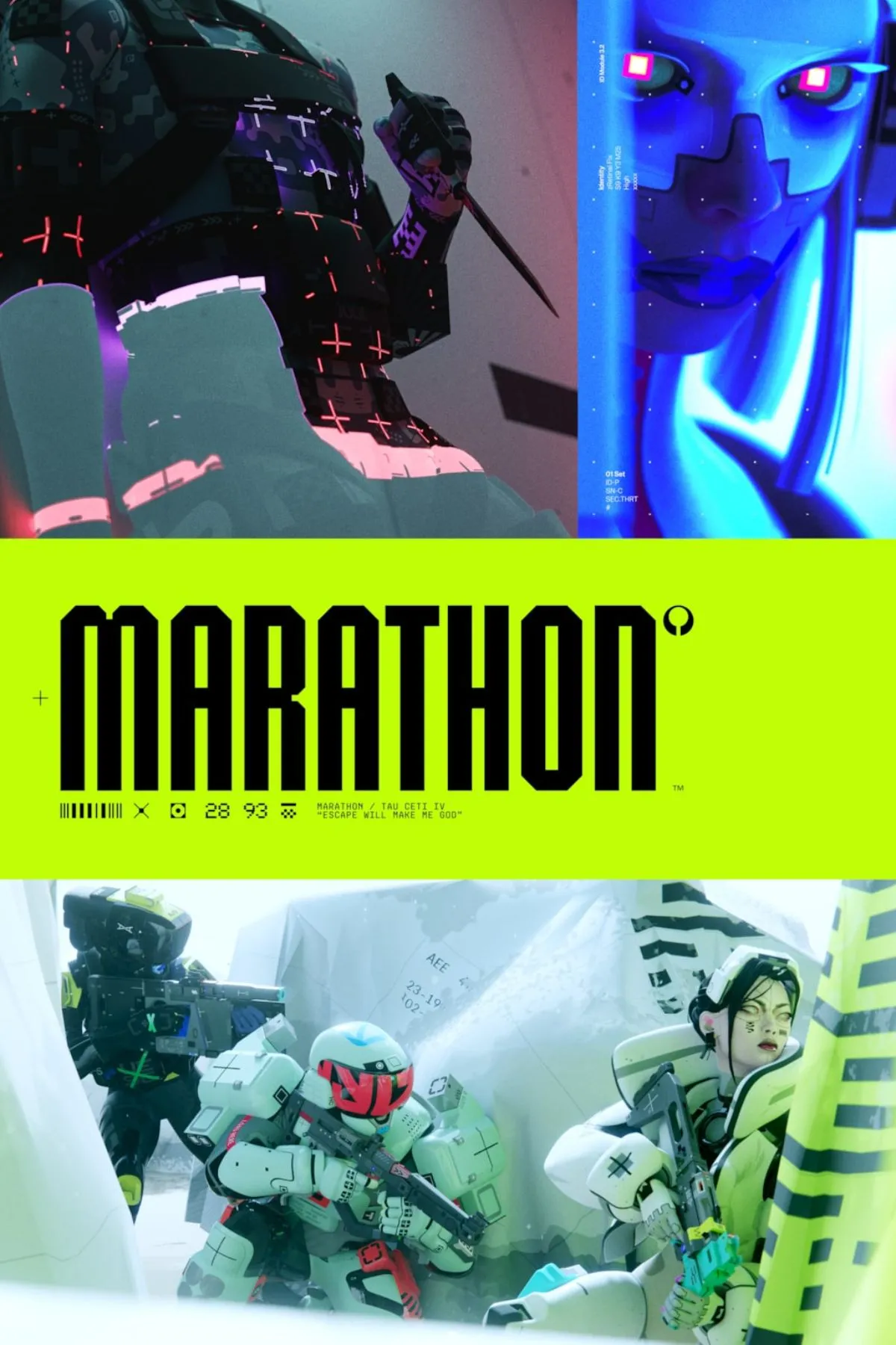 Ảnh bìa trang tag Marathon, hiển thị một chiến binh trong bộ giáp tương lai với nền không gian vũ trụ.