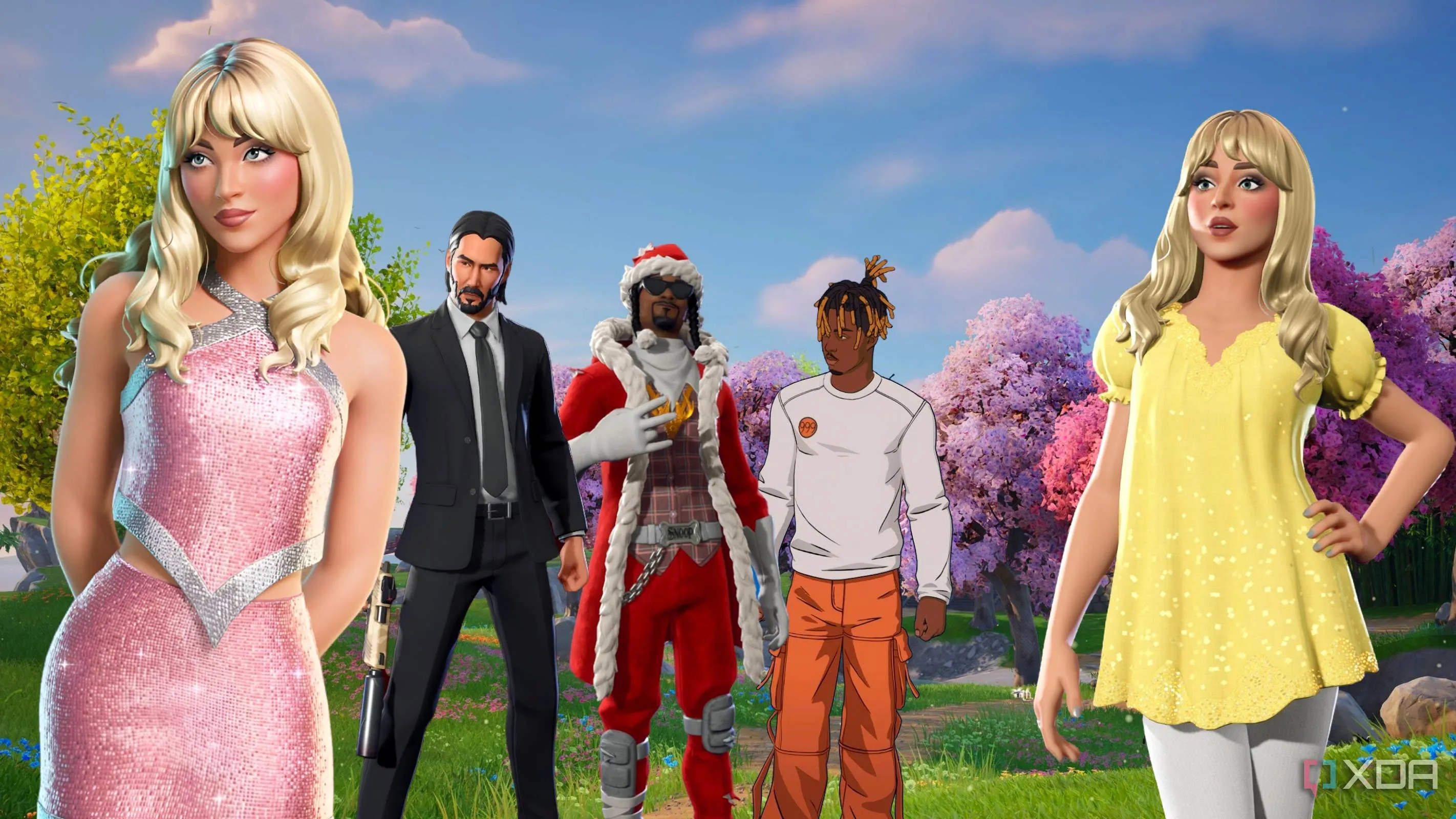 Ảnh các nhân vật nổi tiếng Sabrina Carpenter, Keanu Reeves, Snoop Dogg, Juice Wrld trong trang phục skin Fortnite