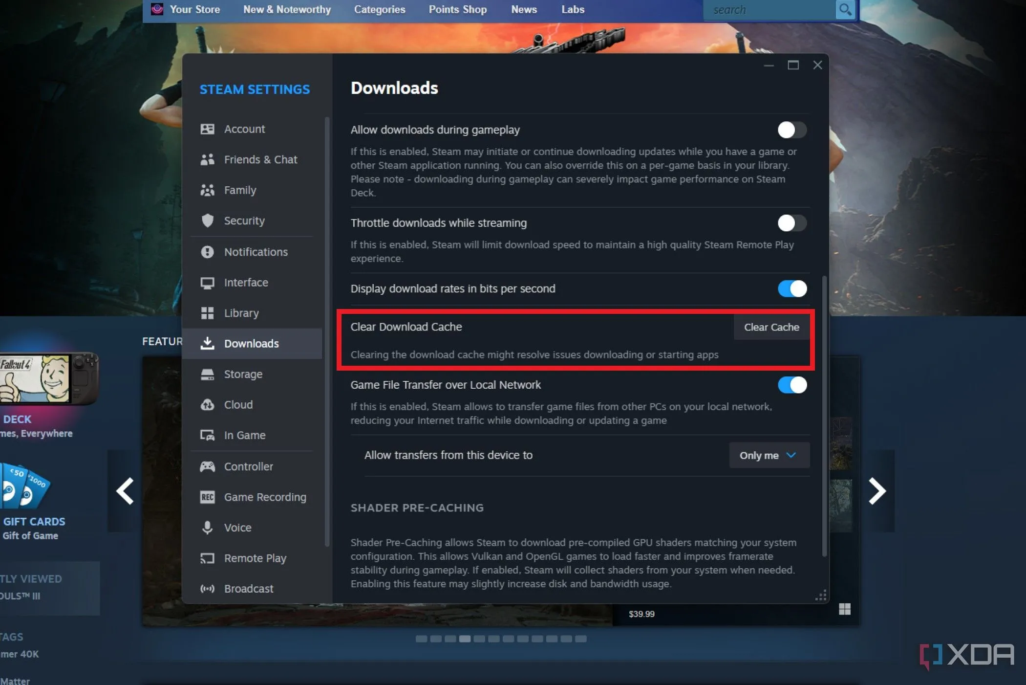 Ảnh chụp màn hình cài đặt Tải xuống của Steam, phần &quot;Xóa bộ nhớ đệm tải xuống&quot; được làm nổi bật để khắc phục sự cố.