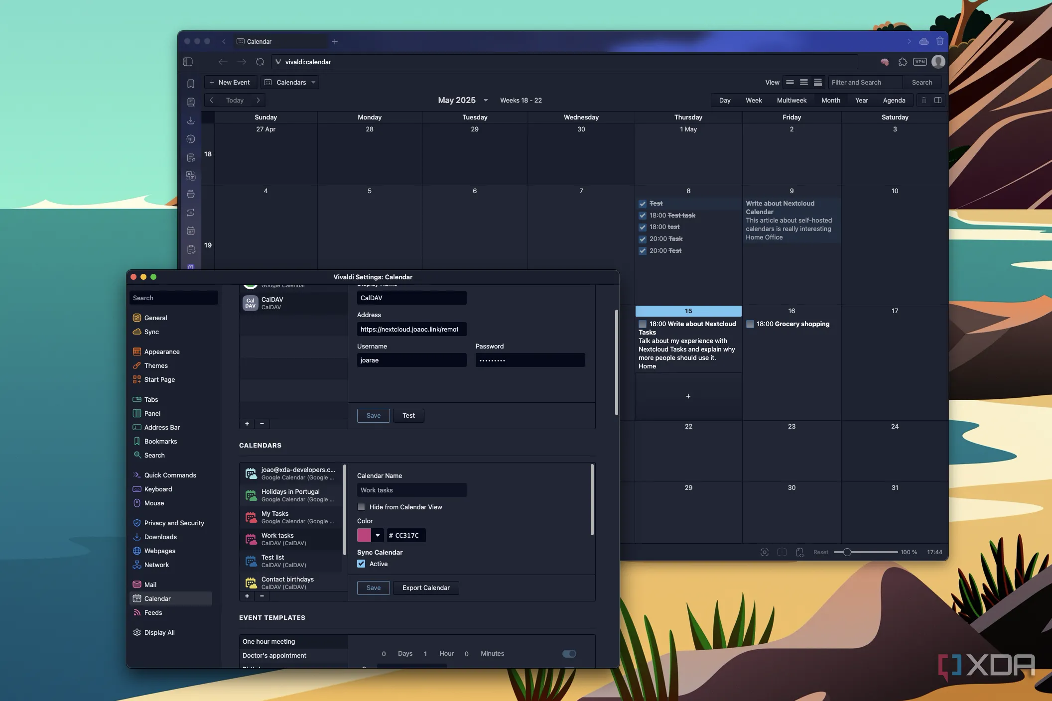 Ảnh chụp màn hình của Vivaldi Calendar với tích hợp Nextcloud Tasks