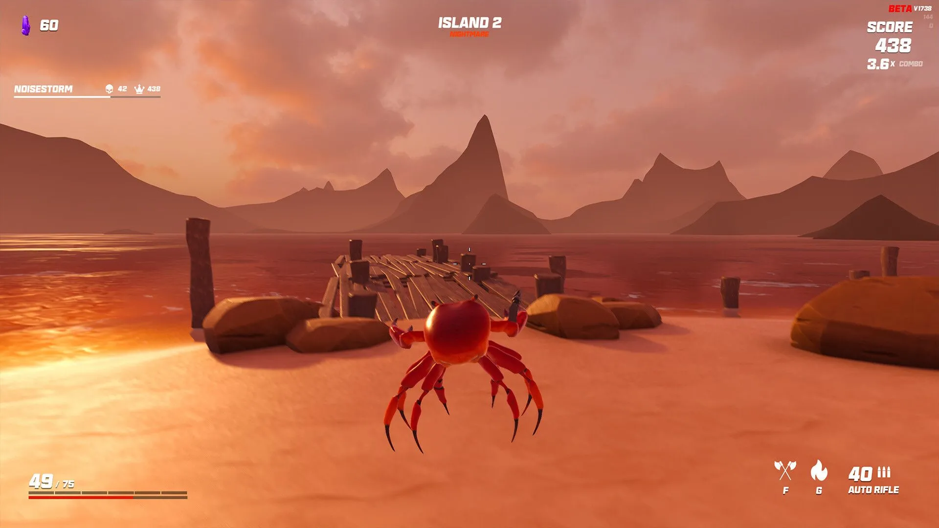 Ảnh chụp màn hình game Crab Champions: một chú cua bay qua bãi biển trong không trung