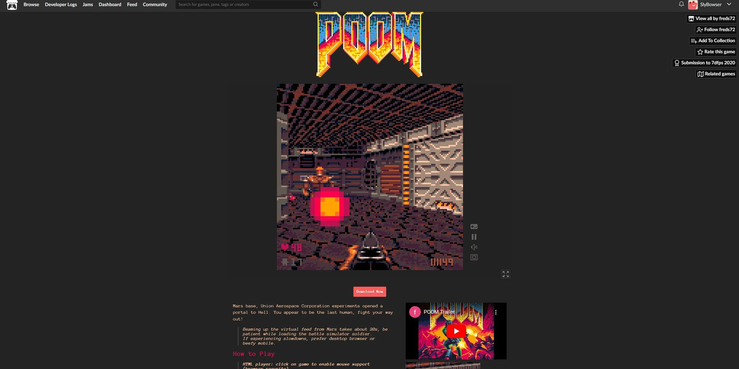 Ảnh chụp màn hình game POOM, phiên bản DOOM theo phong cách PICO-8 có thể chơi trực tiếp trên trình duyệt web.