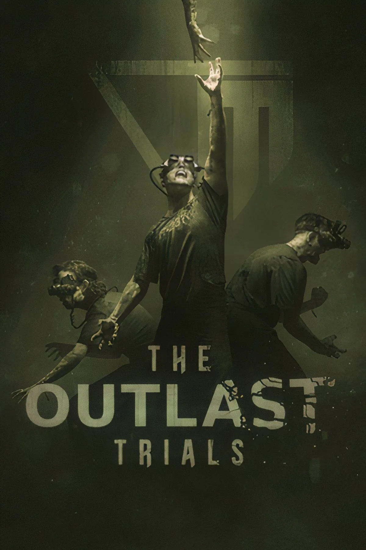 Ảnh chụp màn hình game The Outlast Trials, hiển thị một nhóm người chơi đang cố gắng thoát khỏi kẻ săn đuổi đáng sợ trong một môi trường tối tăm, kinh dị.