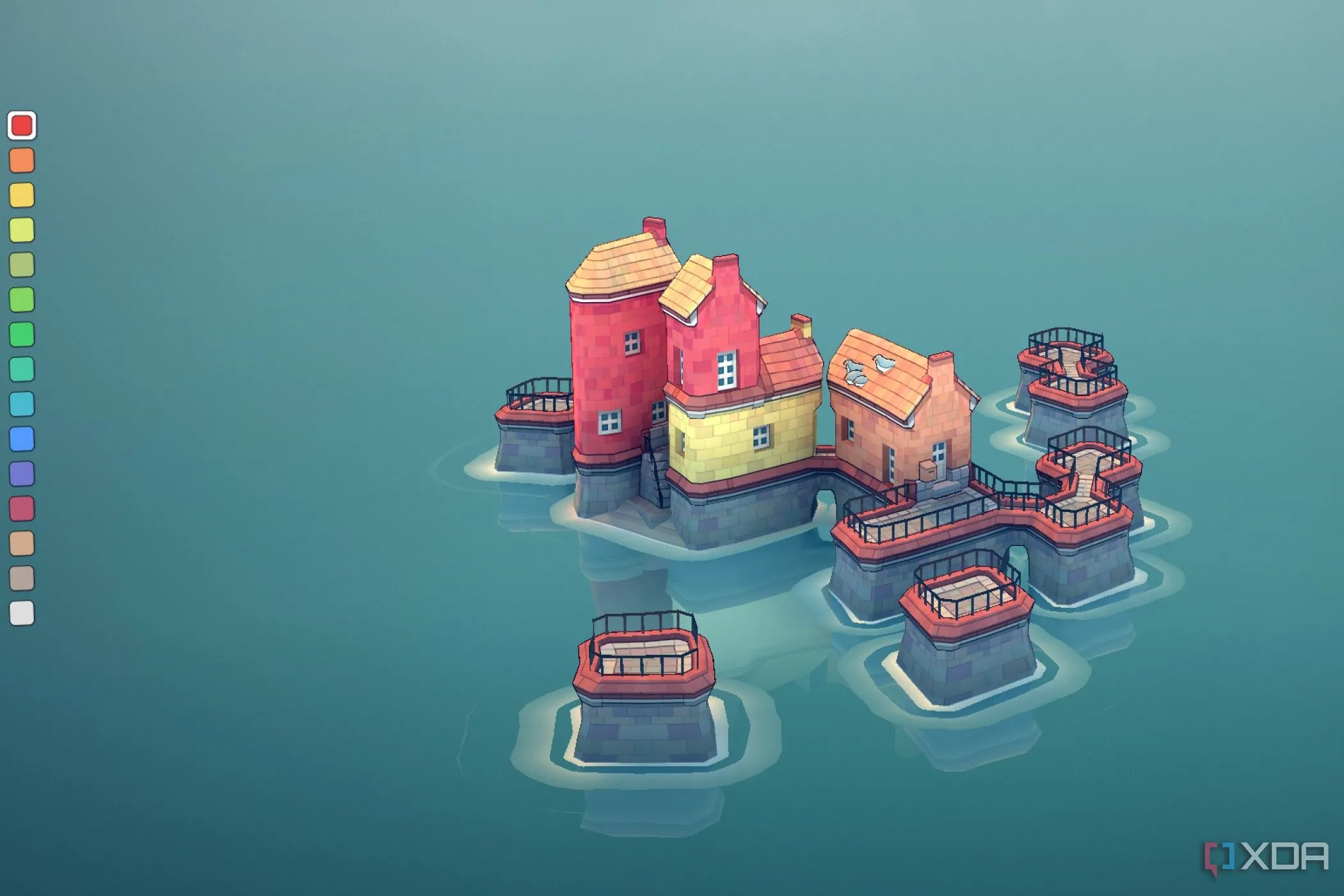 Ảnh chụp màn hình game Townscaper, hiển thị một thị trấn đầy màu sắc nổi trên mặt nước