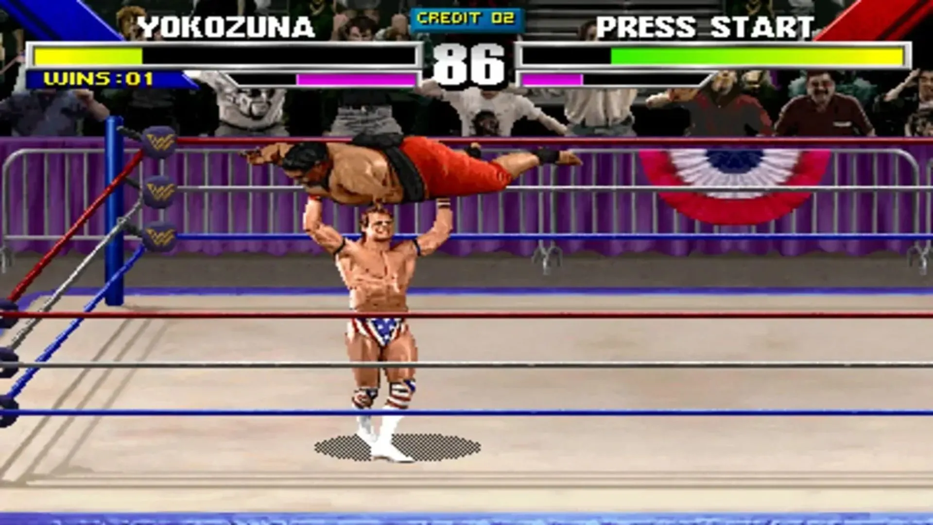 Ảnh chụp màn hình game WWF WrestleMania: The Arcade Game với các đô vật thực hiện chiêu thức cường điệu