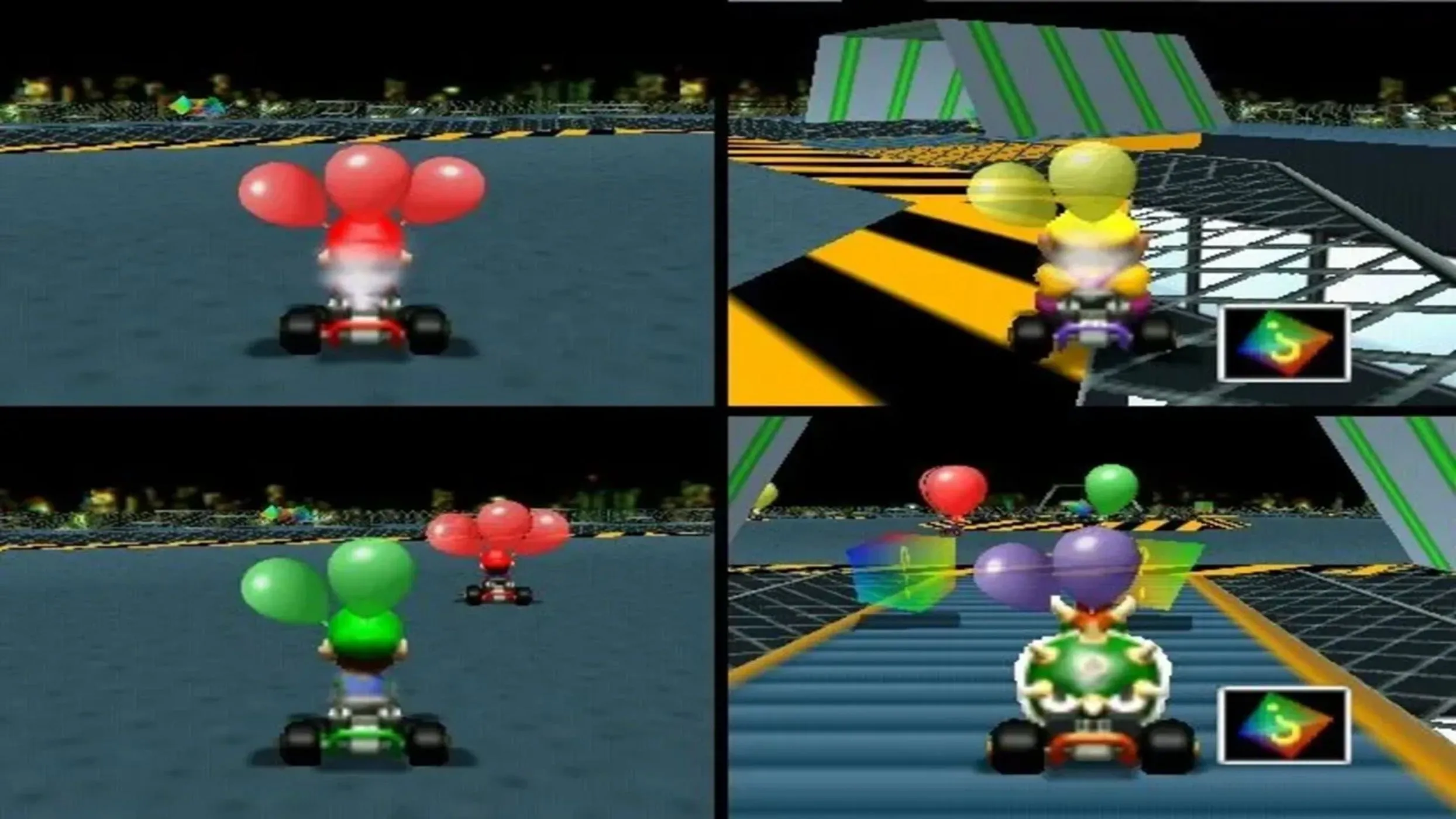 Ảnh chụp màn hình gameplay của Mario Kart 64, thể hiện đường đua và nhân vật biểu tượng