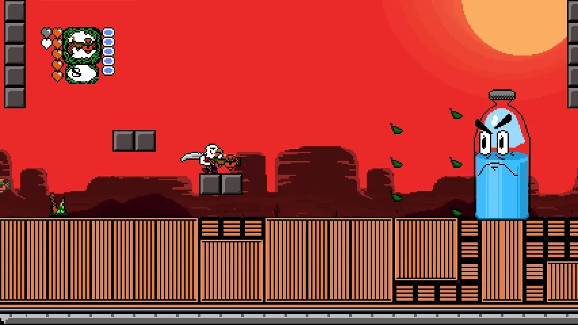 Ảnh chụp màn hình gameplay của Revenge of the Bird King trên PlayStation Vita, một game platformer hành động phong cách 16-bit với nhân vật Dwanye.