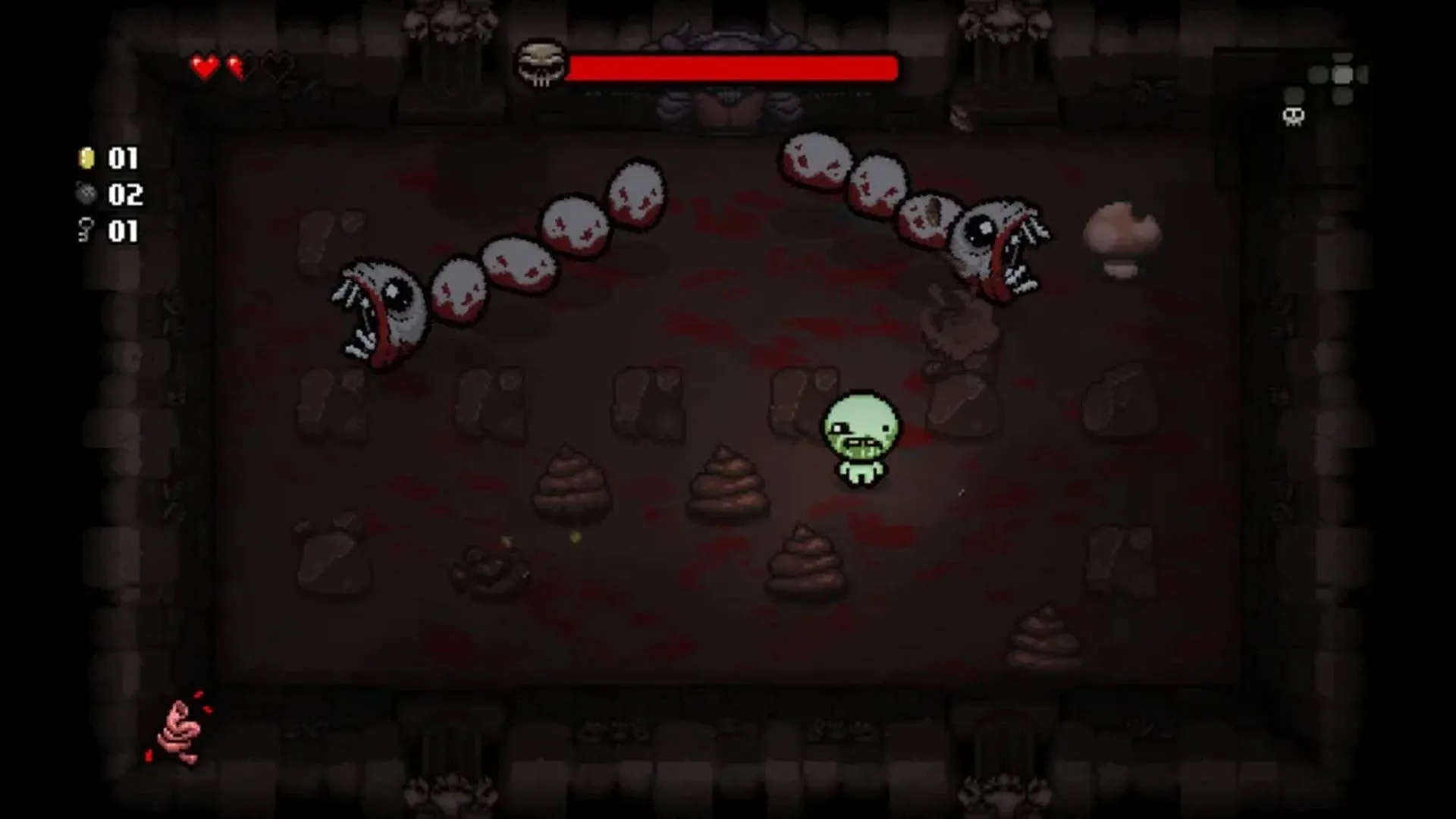 Ảnh chụp màn hình gameplay của The Binding of Isaac Rebirth trên PS Vita, thể hiện nhân vật Isaac trong hầm ngục chiến đấu với quái vật.