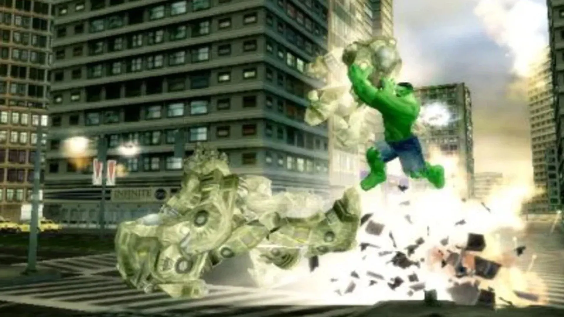 Ảnh chụp màn hình gameplay của The Incredible Hulk Ultimate Destruction với môi trường phá hủy