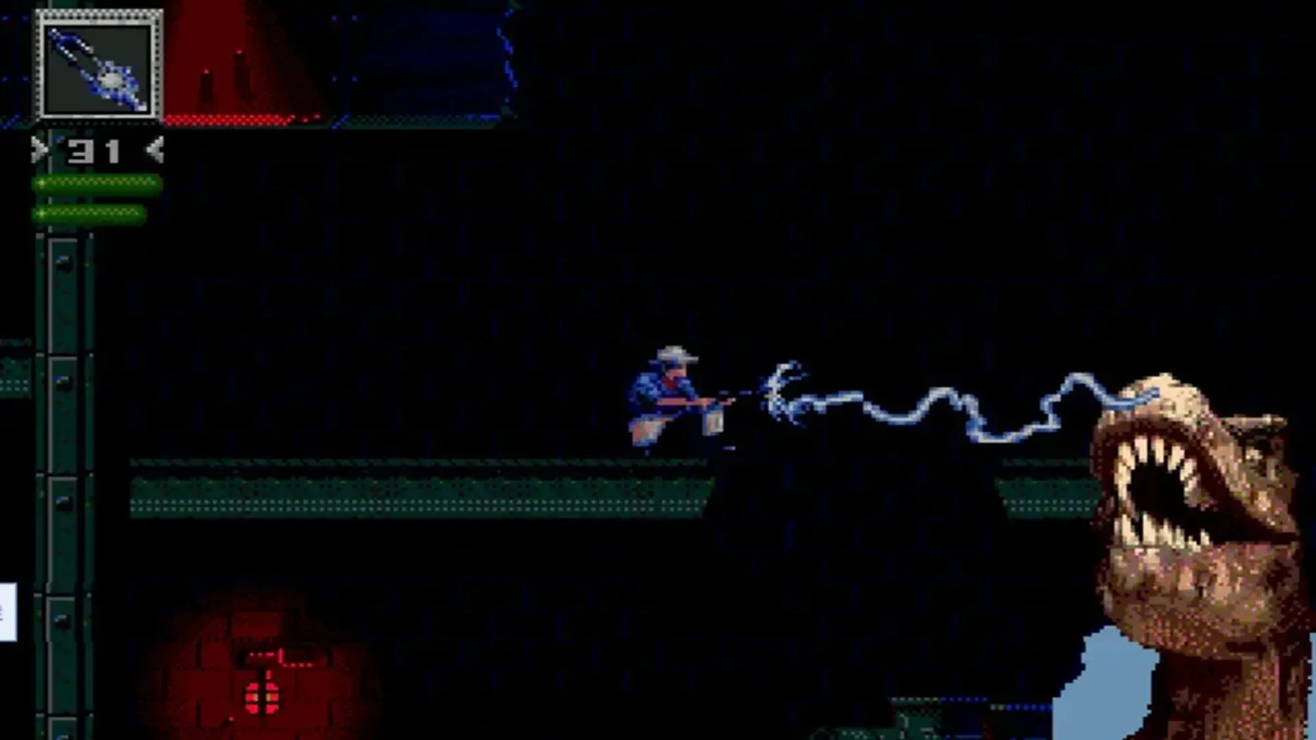 Ảnh chụp màn hình gameplay của tựa game Jurassic Park trên Sega Genesis, với Dr. Grant đối đầu khủng long.