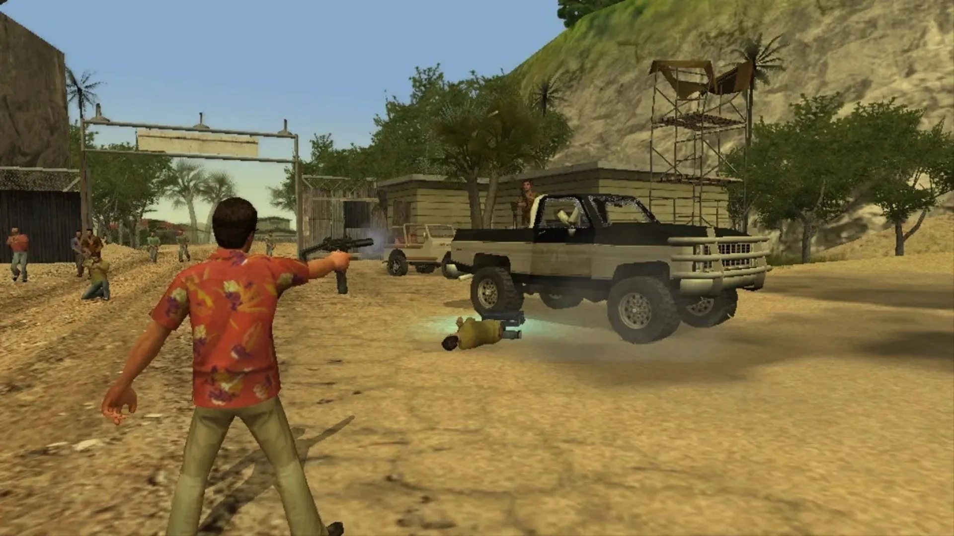 Ảnh chụp màn hình gameplay của tựa game Scarface: The World is Yours, với Tony Montana trong bối cảnh Miami.