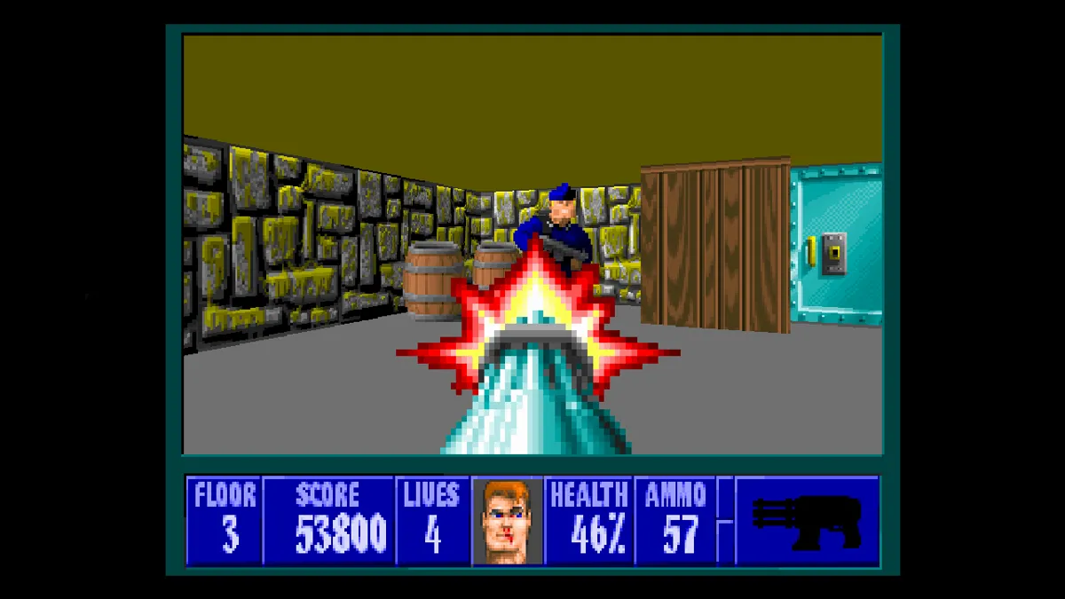 Ảnh chụp màn hình gameplay Wolfenstein 3D với góc nhìn thứ nhất.