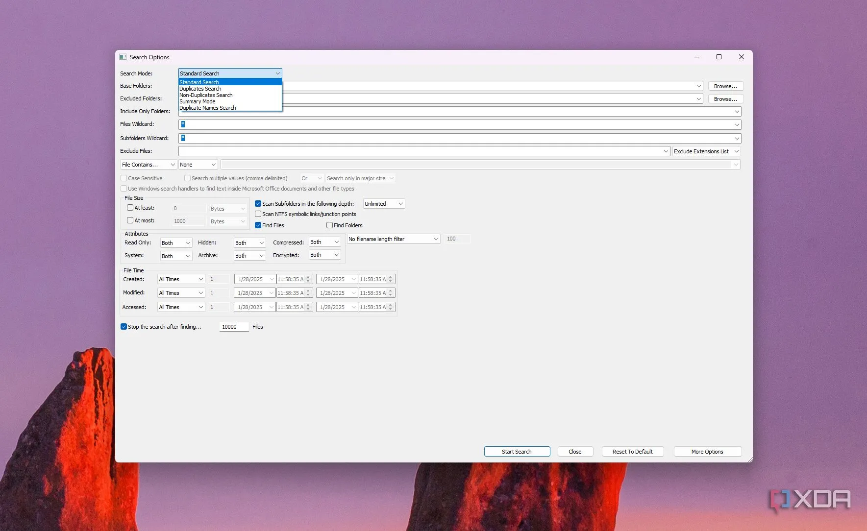 Ảnh chụp màn hình giao diện của SearchMyFiles với các tùy chọn tìm kiếm