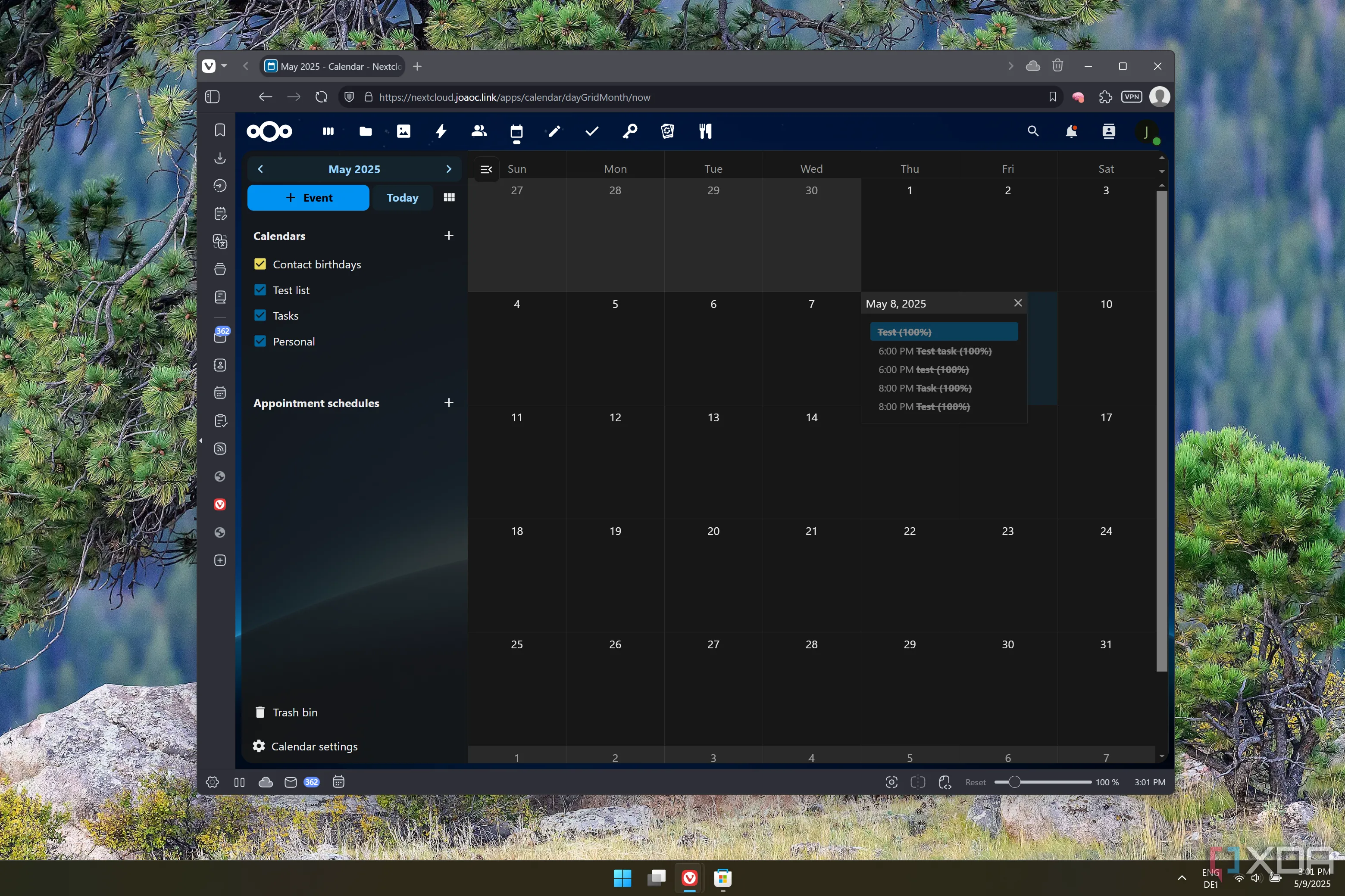 Ảnh chụp màn hình giao diện lịch (Calendar web UI) của Nextcloud hiển thị chi tiết các sự kiện trong ngày