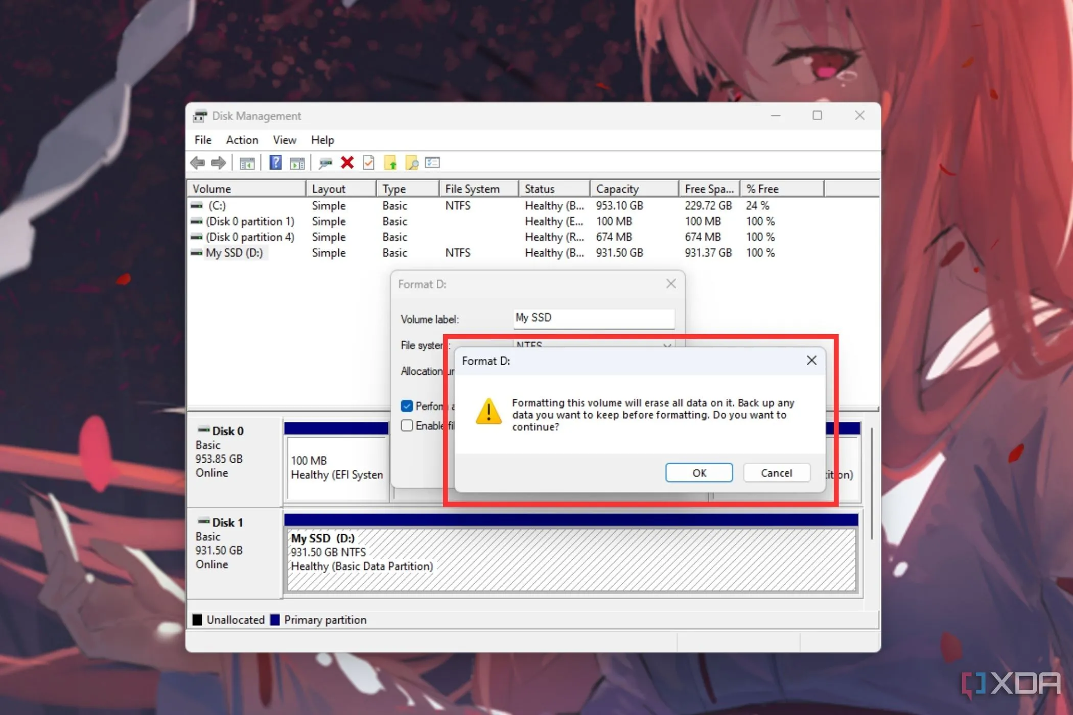 Ảnh chụp màn hình hộp thoại xác nhận định dạng ổ cứng trong Disk Management
