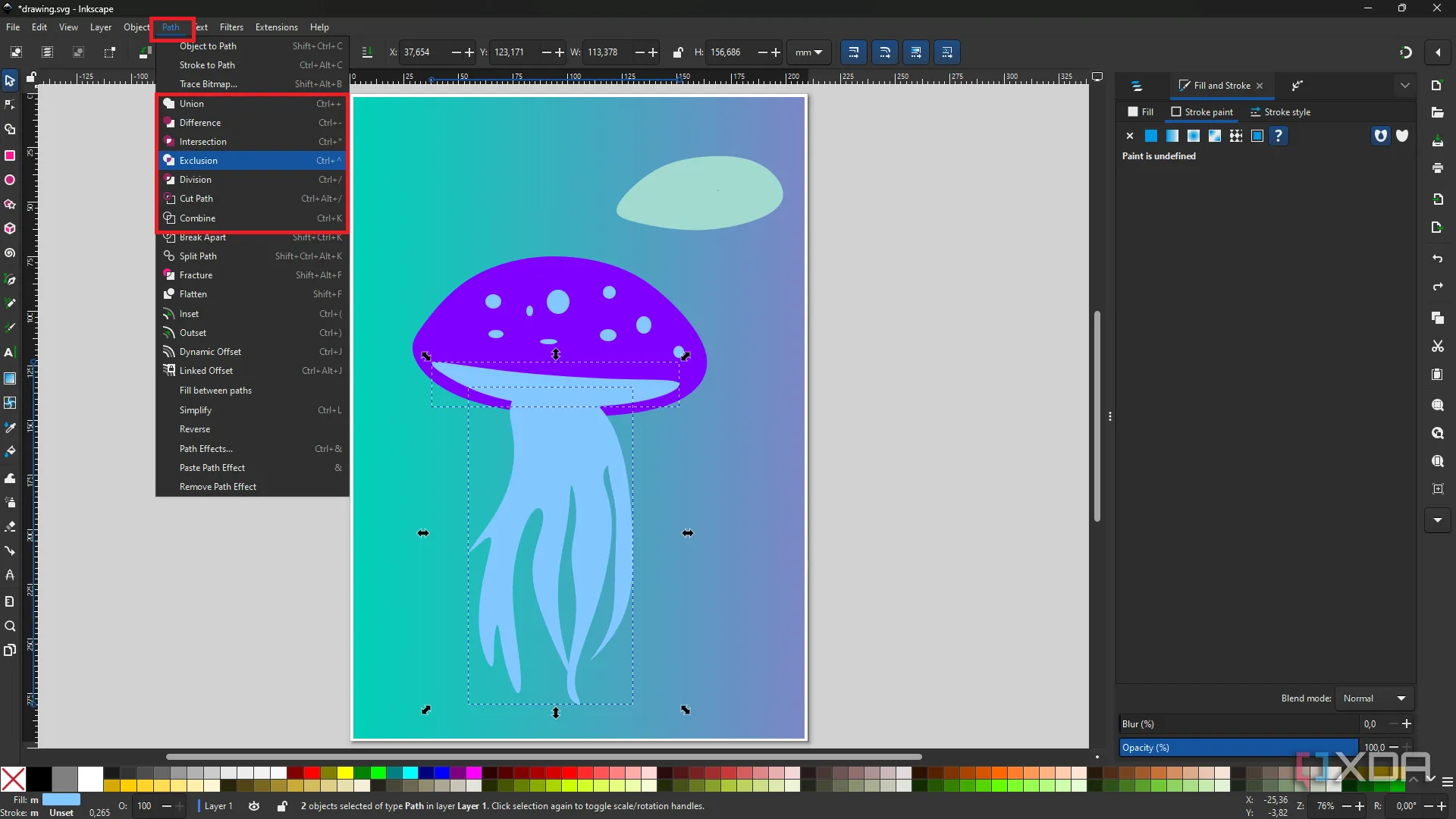 Ảnh chụp màn hình Inkscape thể hiện các thao tác Boolean (Union, Difference) đang được áp dụng trên các hình dạng cơ bản để tạo hình sứa.