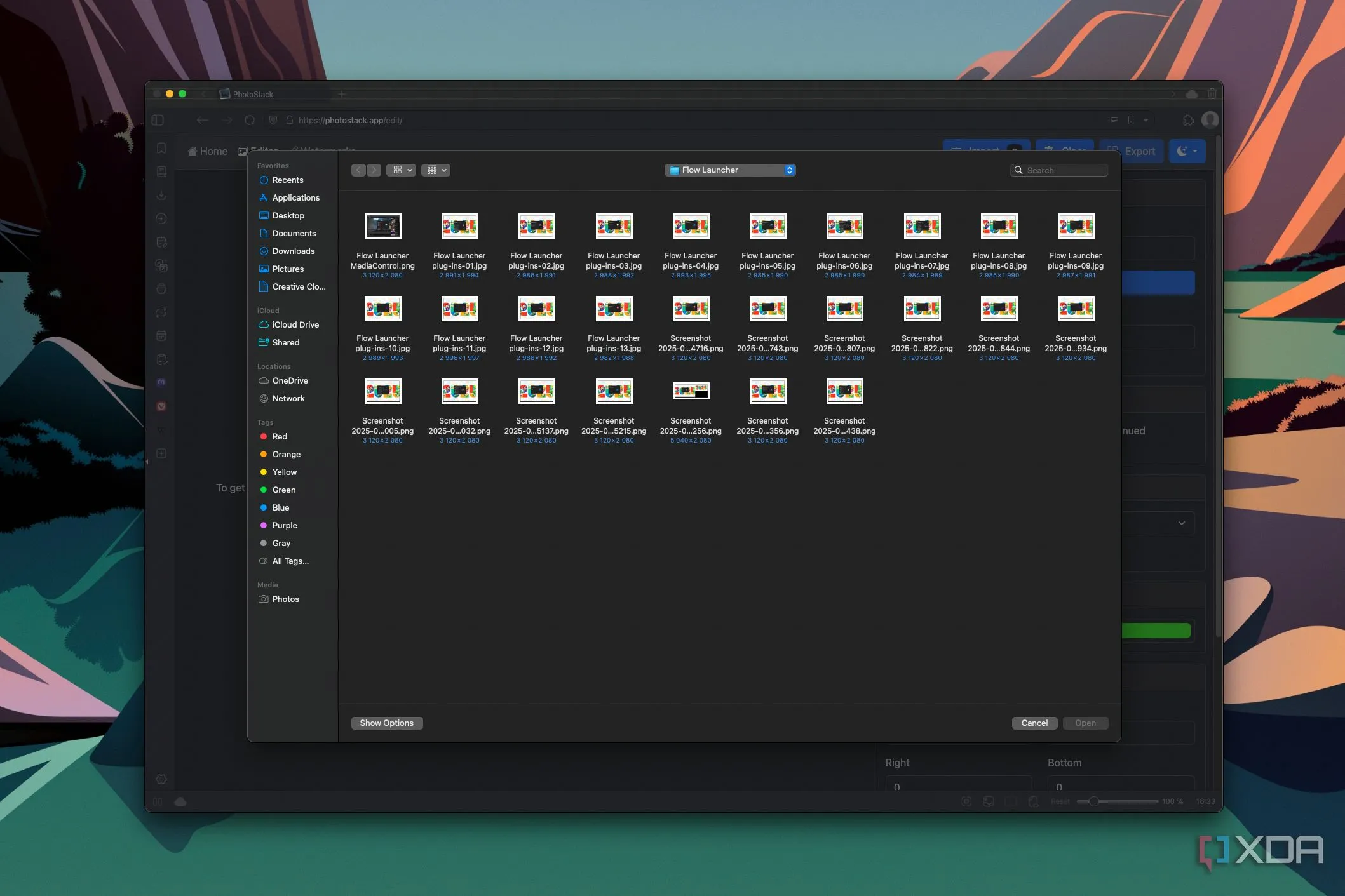 Ảnh chụp màn hình macOS Finder hiển thị cửa sổ chọn tệp mở trên giao diện PhotoStack, minh họa quy trình làm việc cục bộ