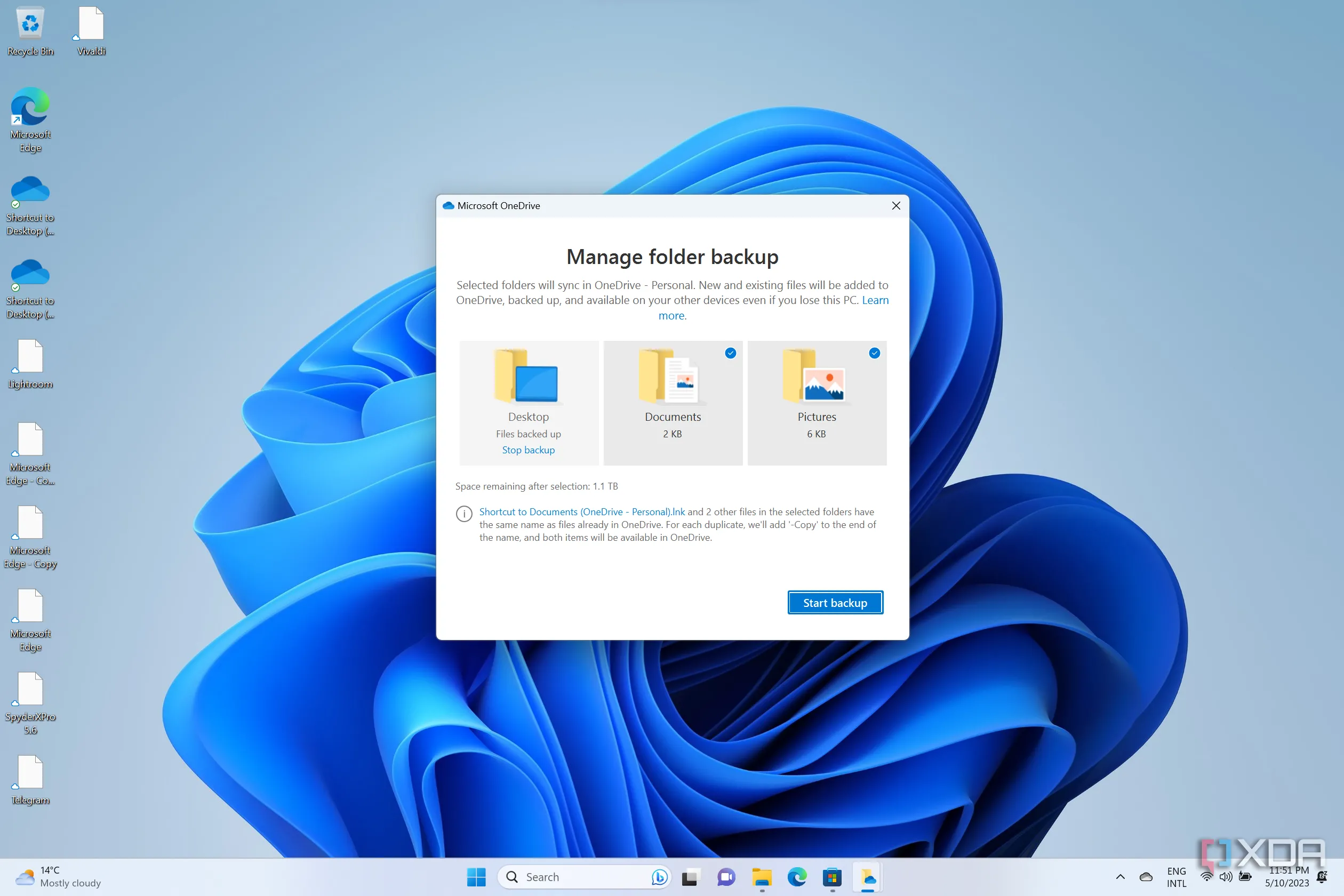 Ảnh chụp màn hình máy tính Windows 11 với trang cài đặt sao lưu thư mục OneDrive