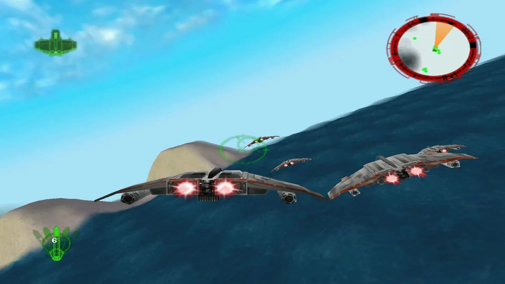 Ảnh chụp màn hình một chiếc V-Wing bay cùng đồng minh trong Star Wars Rogue Squadron