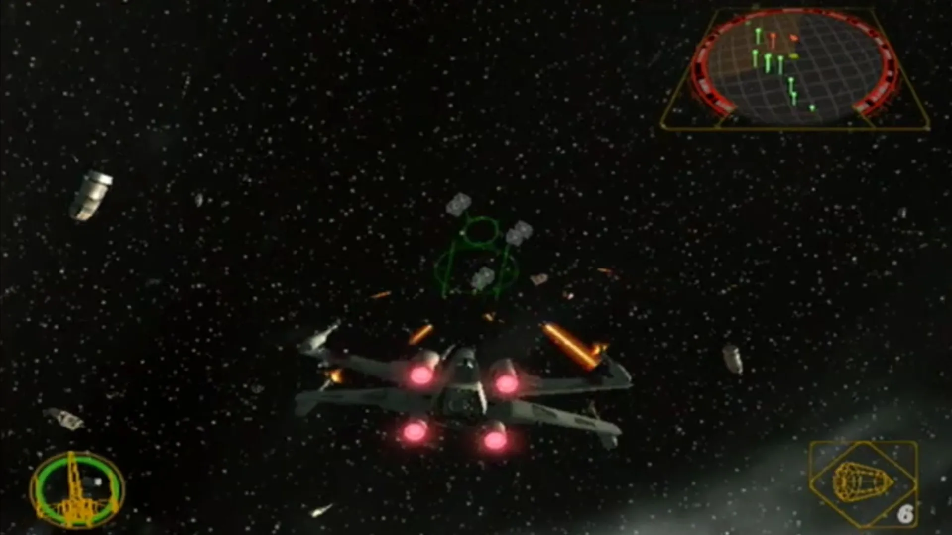 Ảnh chụp màn hình một chiếc X-Wing trong không gian với TIE Fighters trong Star Wars Rogue Squadron 2: Rogue Leader