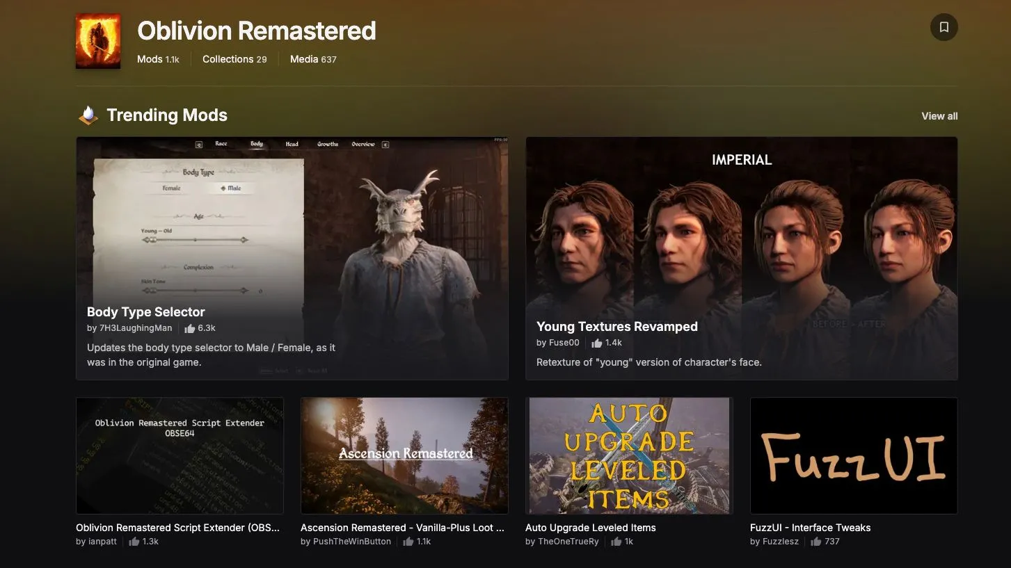 Ảnh chụp màn hình Nexus Mods hiển thị các mod phổ biến cho Oblivion Remastered, dẫn đầu là Ultimate Engine Tweaks