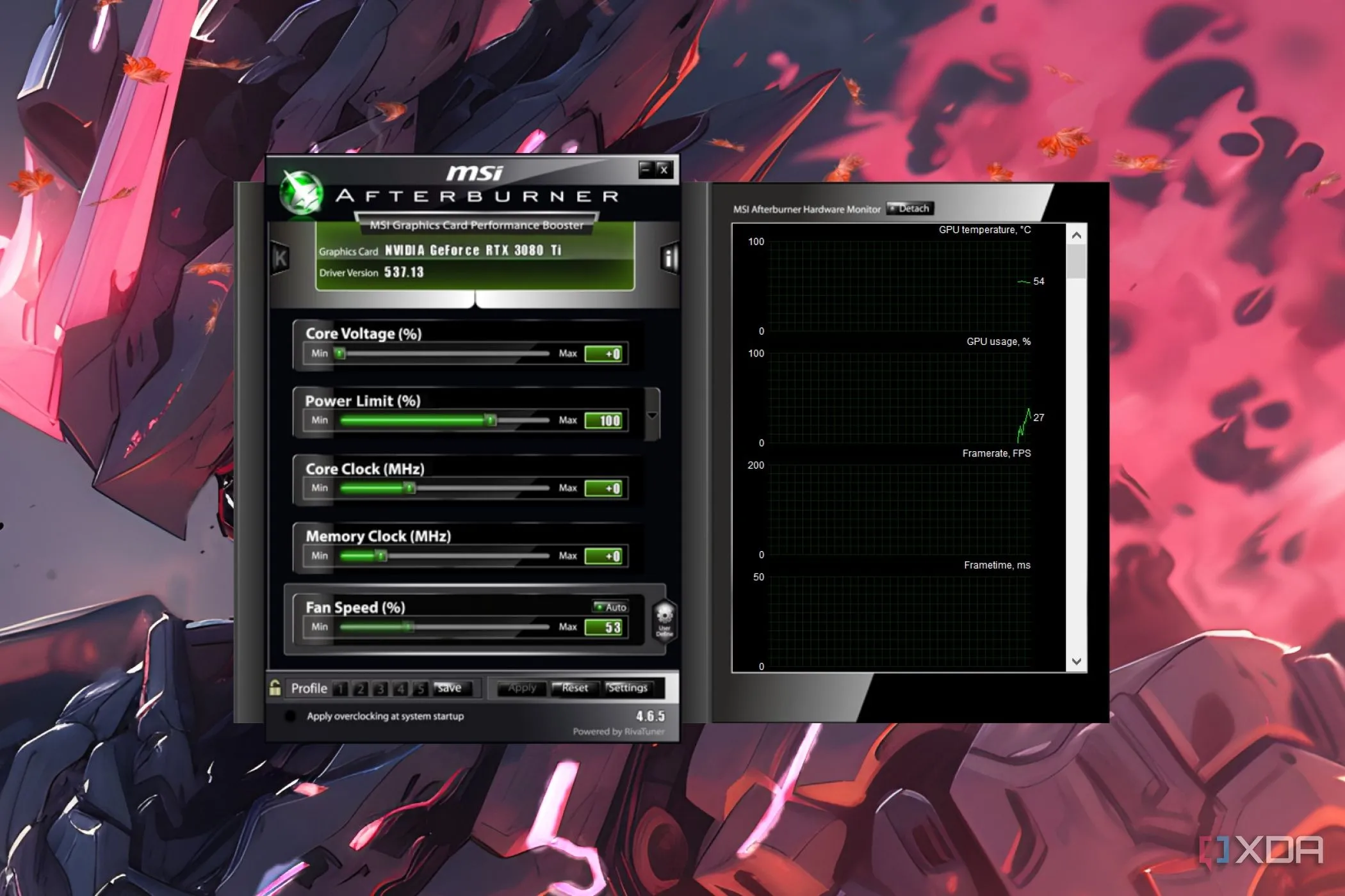 Ảnh chụp màn hình phần mềm MSI Afterburner hiển thị các tùy chọn điều chỉnh đường cong quạt GPU, giúp tối ưu tiếng ồn và nhiệt độ