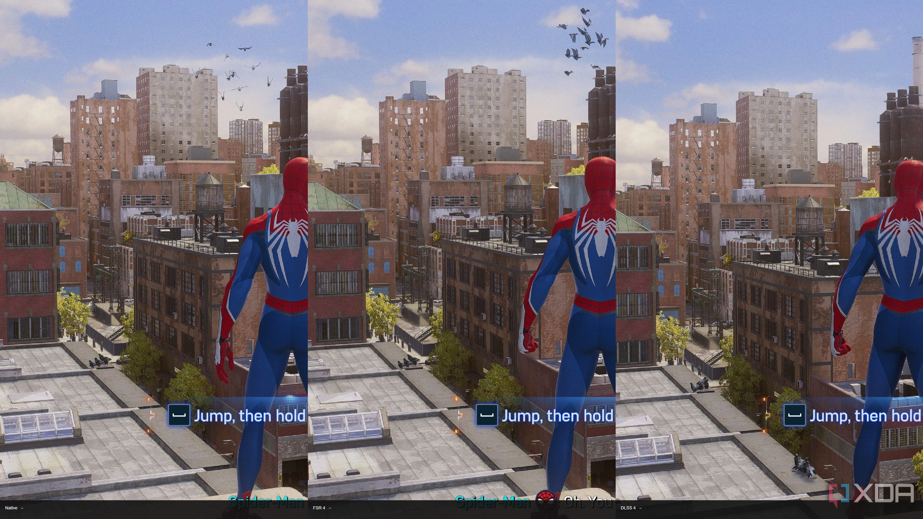 Ảnh chụp màn hình so sánh chi tiết hình ảnh DLSS 4 và FSR 4 trong tựa game Marvel's Spider-Man 2, với tòa nhà và bầu trời