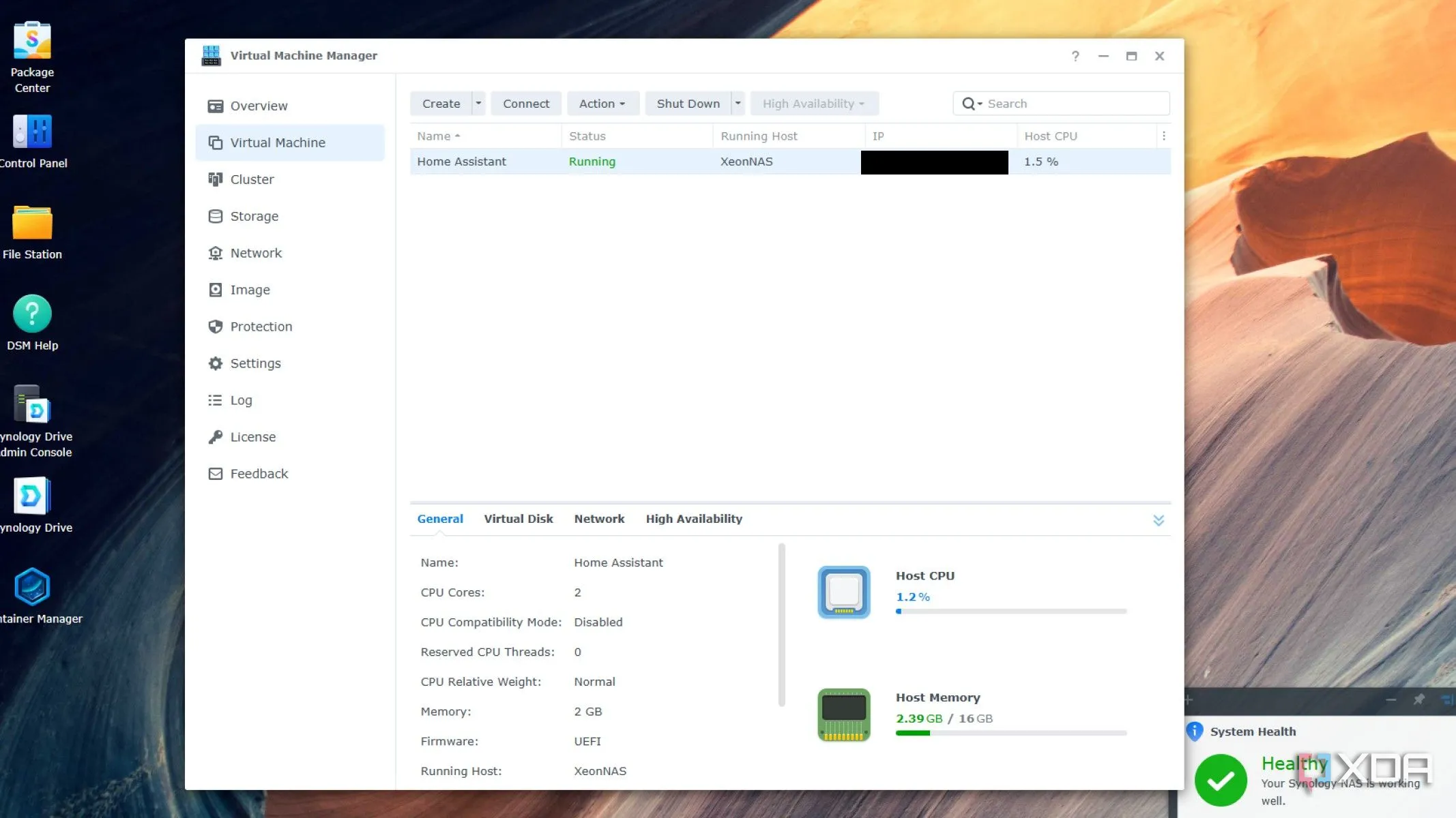 Ảnh chụp màn hình Synology DSM 7 cho thấy máy ảo Home Assistant OS đang hoạt động, minh họa cách triển khai HAOS trên NAS.