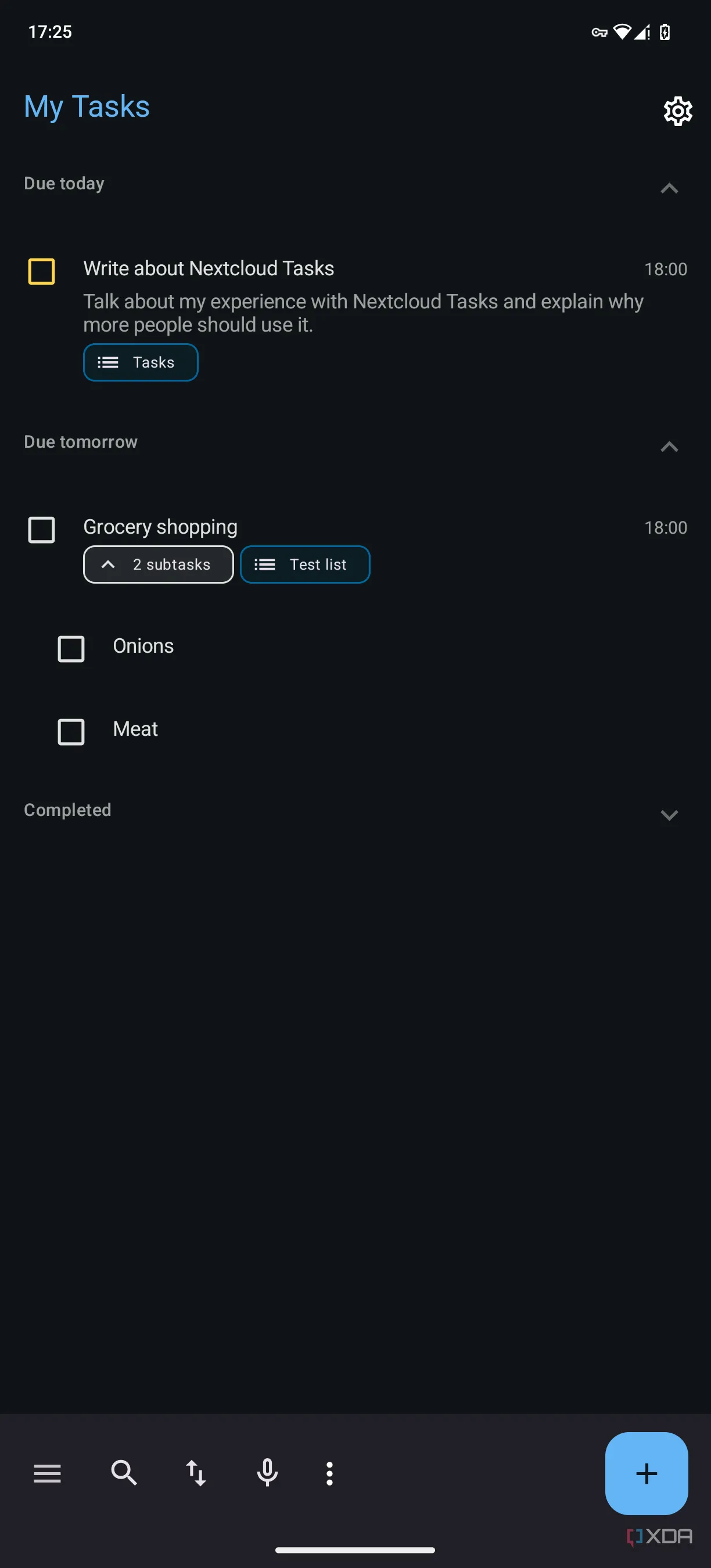 Ảnh chụp màn hình Tasks.org trên Android hiển thị các nhiệm vụ sắp tới