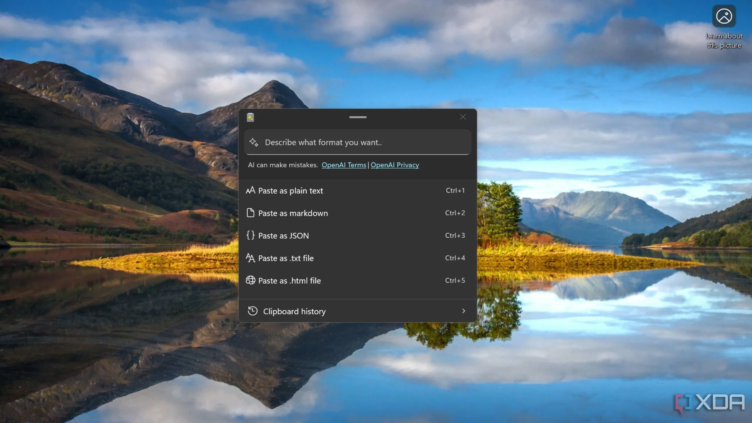 Ảnh chụp màn hình tính năng Dán Nâng cao của PowerToys trên Windows 11, minh họa khả năng mở rộng tiện ích hệ thống để tối ưu năng suất