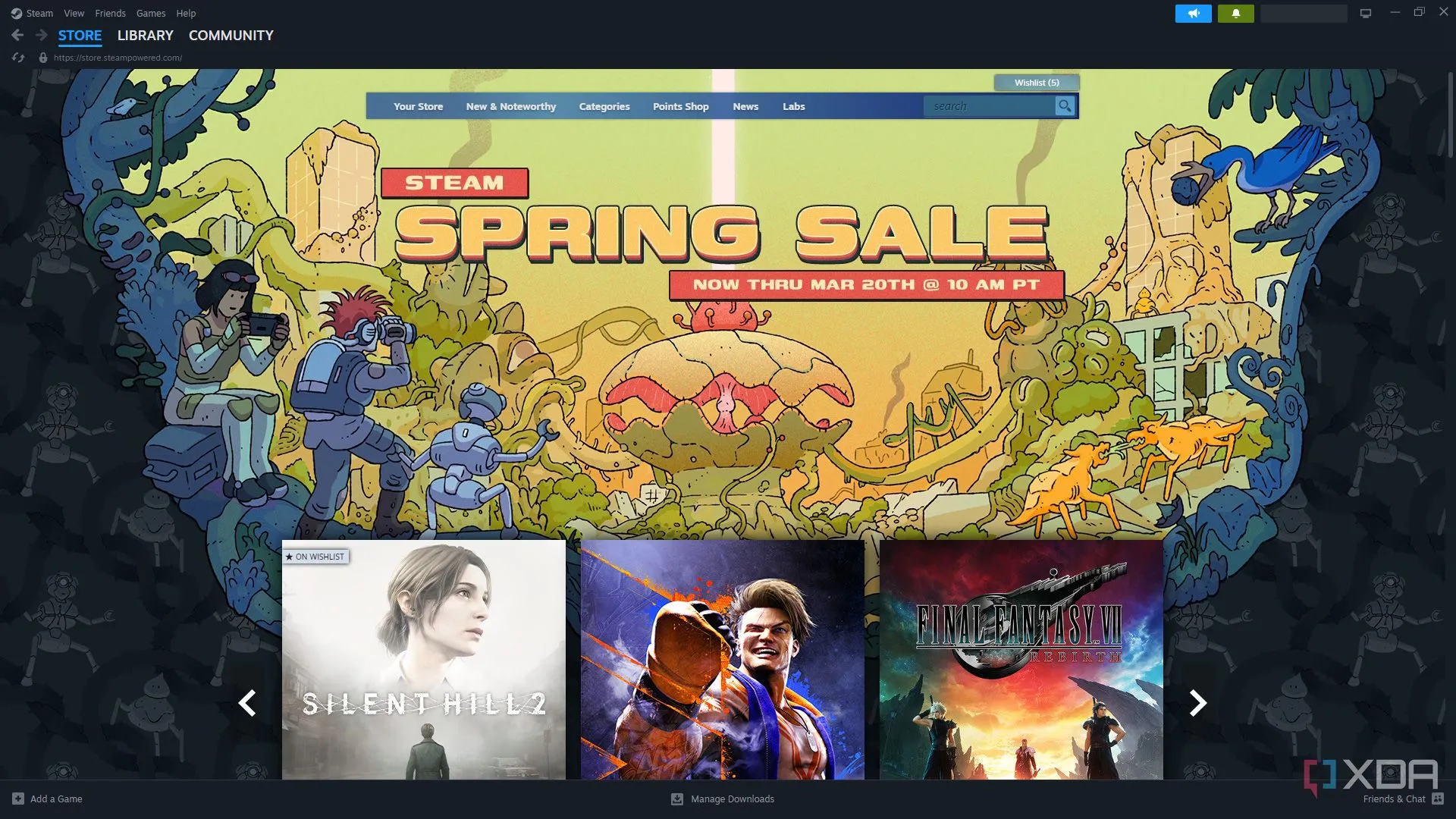 Ảnh chụp màn hình trang chủ Steam Store hiển thị sự kiện giảm giá mùa xuân, thu hút game thủ