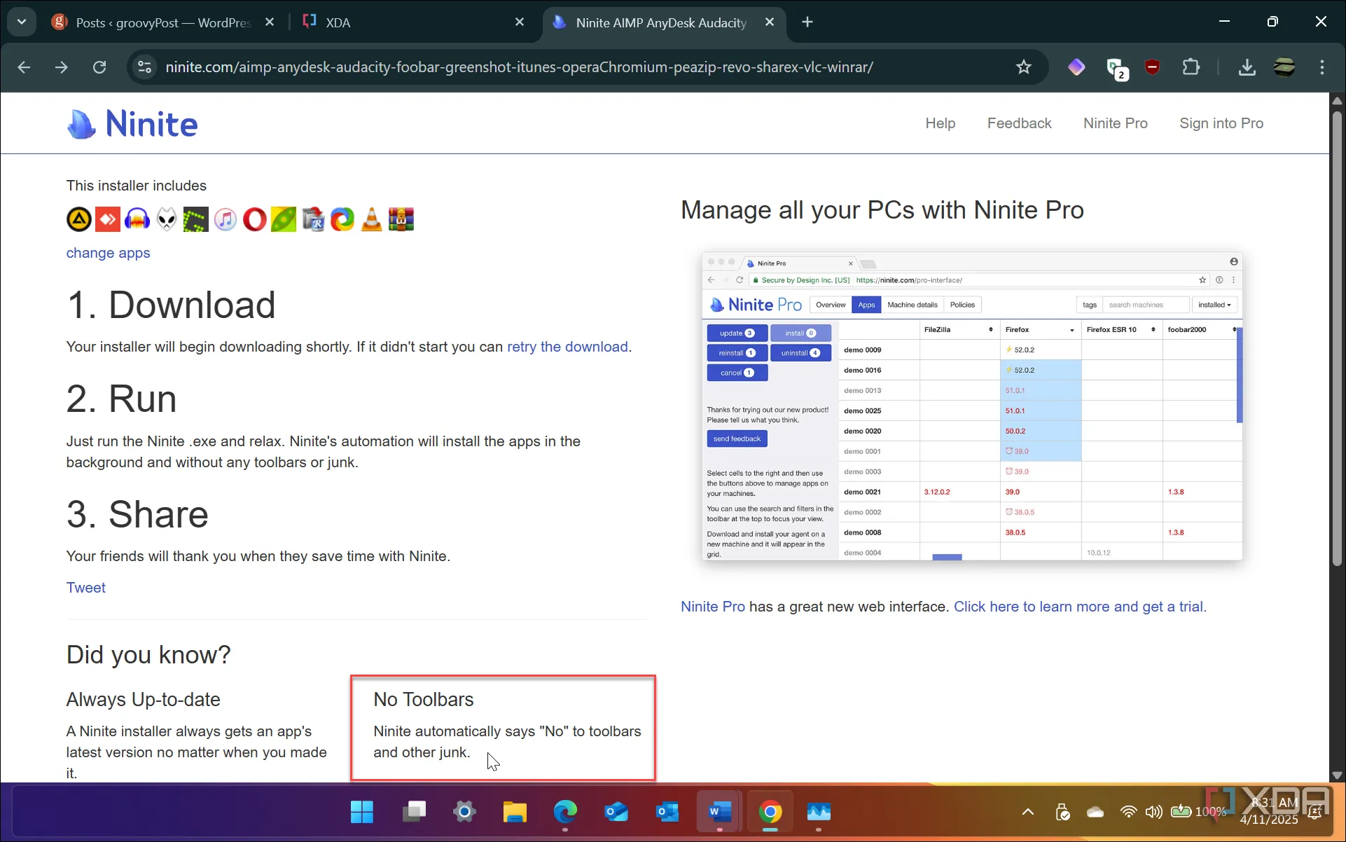 Ảnh chụp màn hình trang web Ninite nhấn mạnh &quot;No toolbars. No crapware. Just the apps you get.&quot;