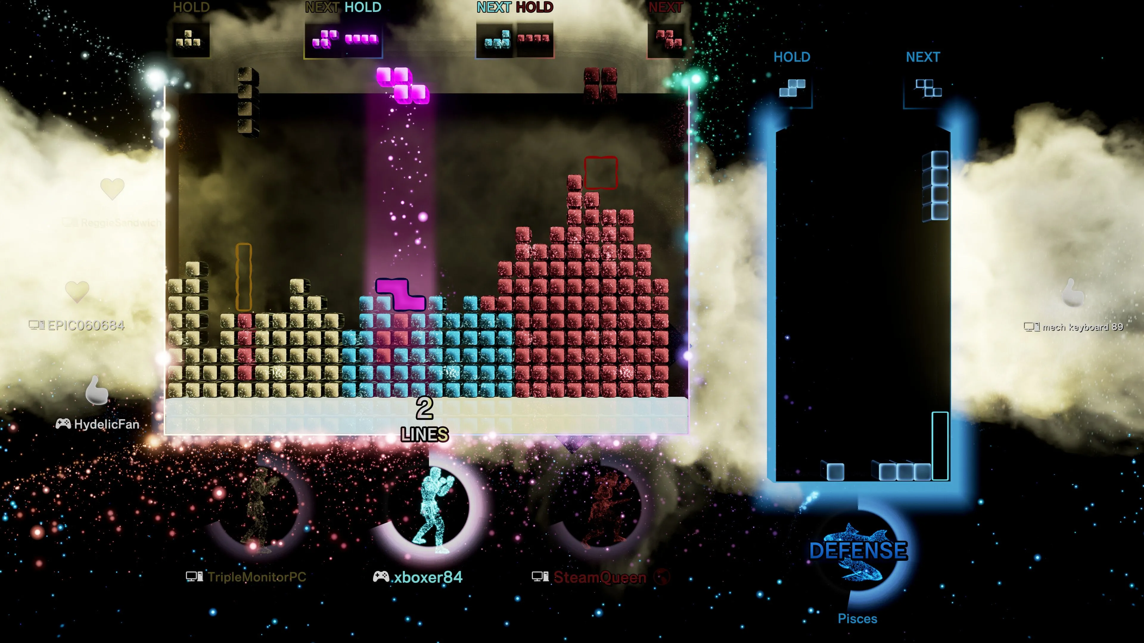 Ảnh chụp màn hình từ game Tetris Effect, hiển thị hai bảng Tetris với một bảng lớn và một bảng nhỏ hơn, trong không gian ảo đầy màu sắc.