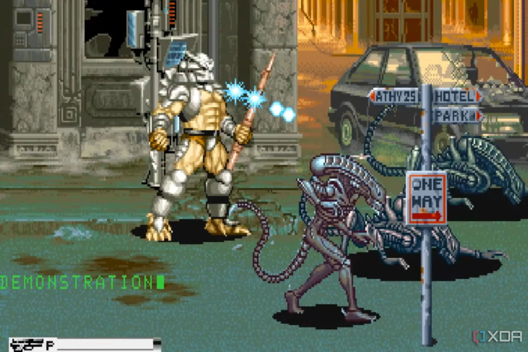 Ảnh chụp màn hình từ trò chơi arcade Alien vs. Predator với cảnh chiến đấu hỗn loạn