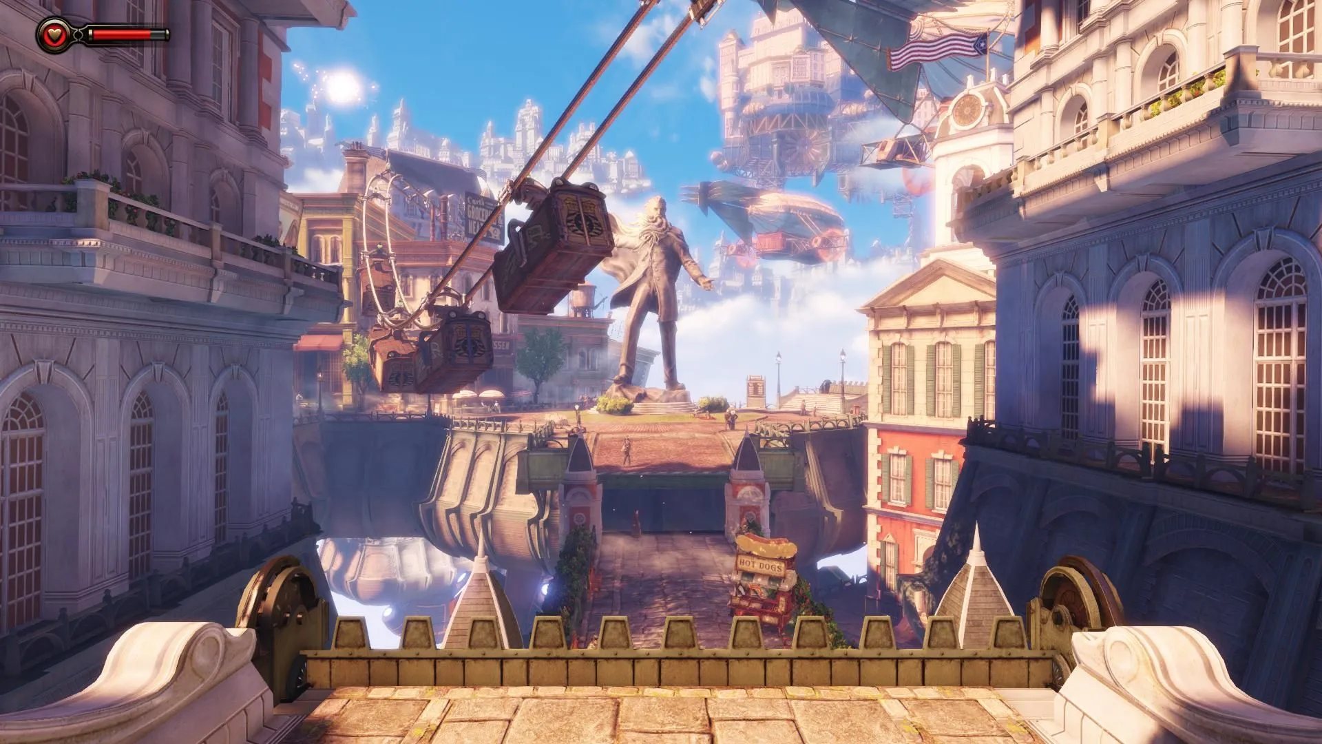 Ảnh chụp màn hình từ trò chơi BioShock Infinite với hình ảnh một thành phố trên không