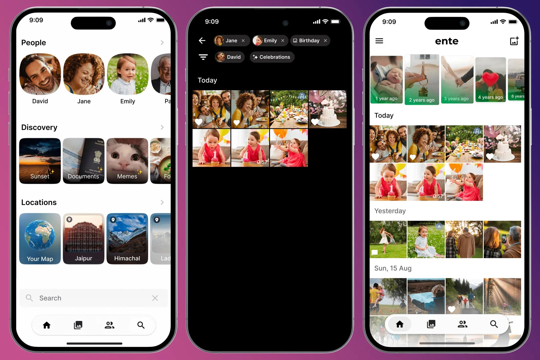 Ảnh chụp màn hình ứng dụng Ente Photos trên điện thoại, minh họa chức năng tìm kiếm thông minh và giao diện quản lý ảnh