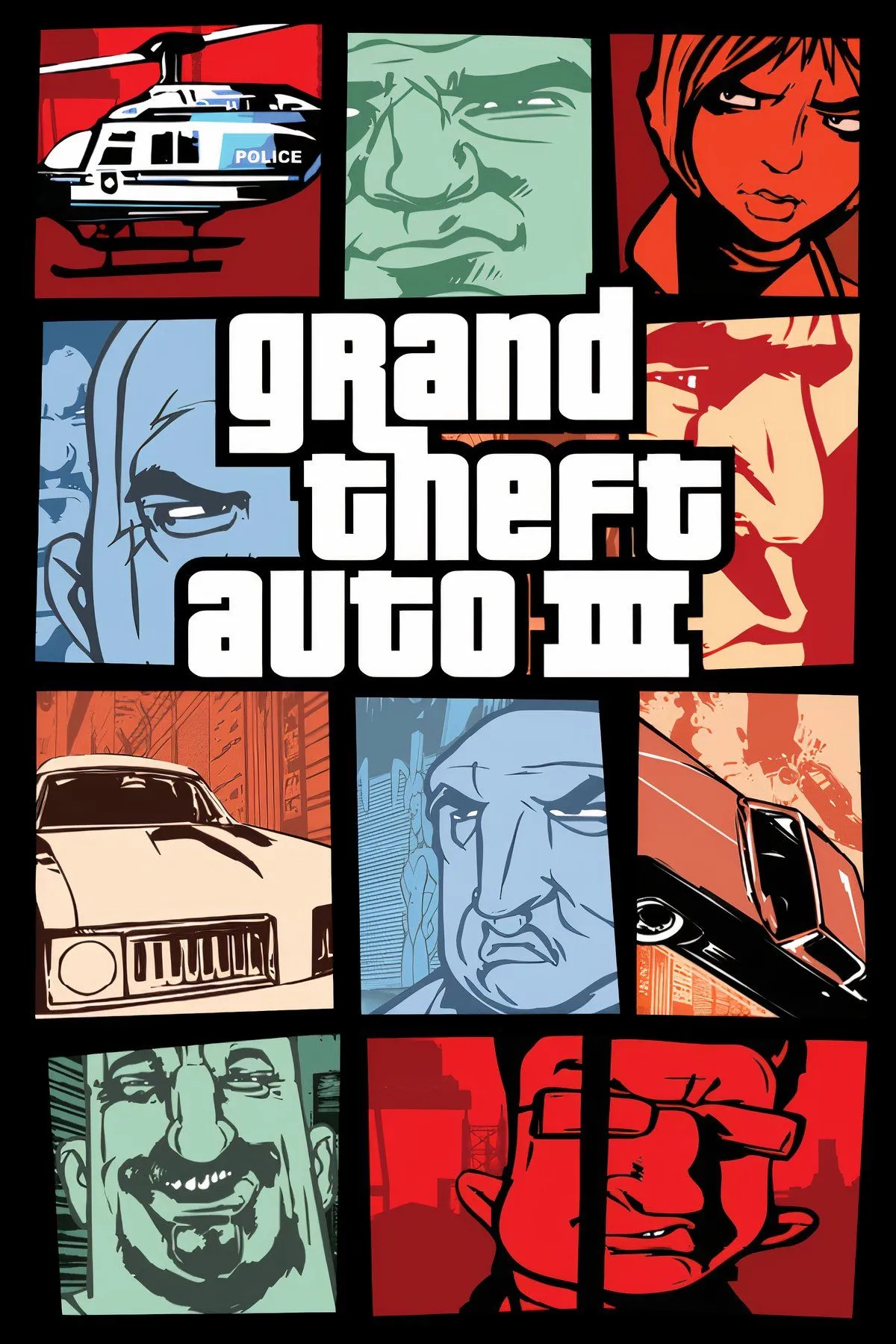 Ảnh ghép các cảnh hành động trong Grand Theft Auto III, thể hiện một thế giới mở đầy tự do và bạo lực