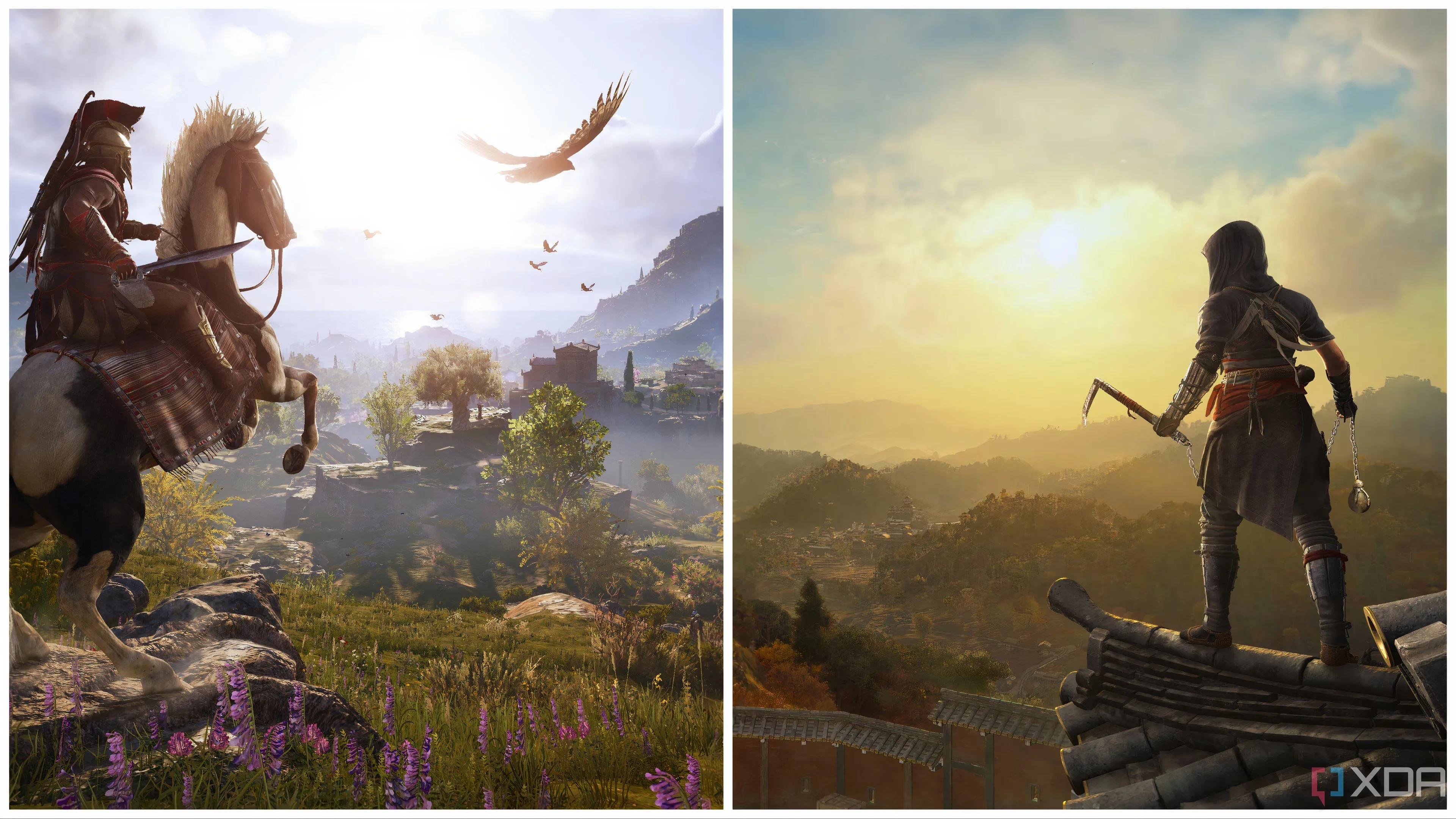 Ảnh ghép môi trường trong Assassin's Creed Odyssey và Assassin's Creed Shadows, thể hiện sự kế thừa và khác biệt giữa hai tựa game RPG.