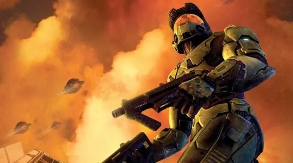 Ảnh key art của Halo 2 với Master Chief trong tư thế sẵn sàng chiến đấu, biểu tượng của console Xbox