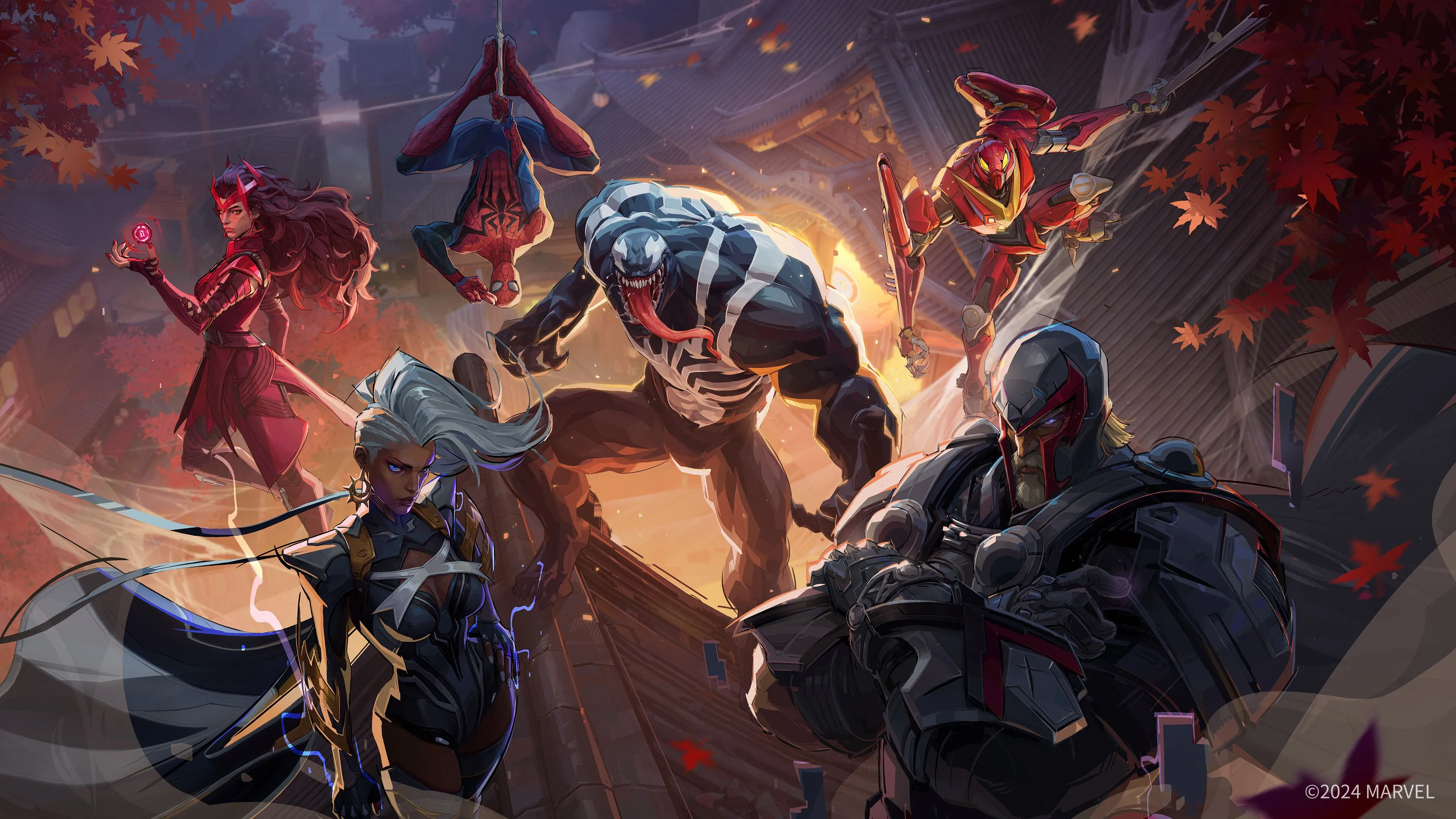 Ảnh quảng bá game Marvel Rivals cho thấy một số nhân vật như Spider-Man, Magik và Iron Man trong tư thế chiến đấu.