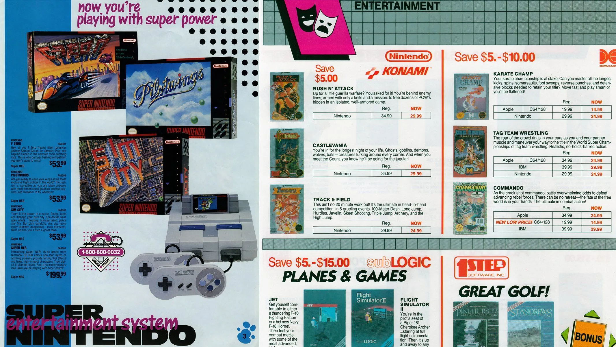 Ảnh quét các tài liệu quảng cáo và danh sách giá game cho Nintendo NES và SNES, cung cấp cái nhìn lịch sử về thị trường game console
