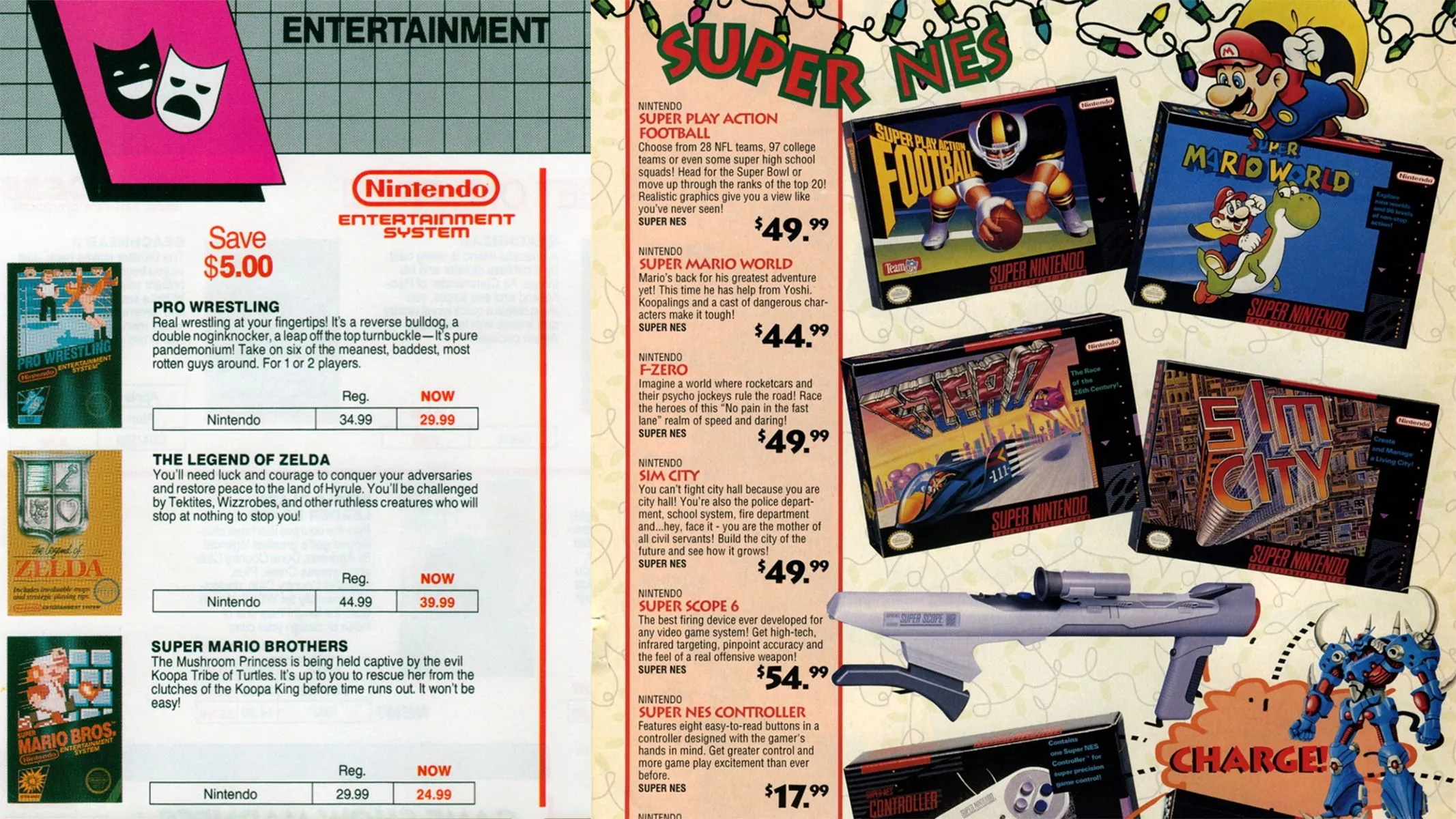 Ảnh quét trang quảng cáo hiển thị danh sách game và giá bán của các tựa game NES và SNES từ những năm 1980, 1990