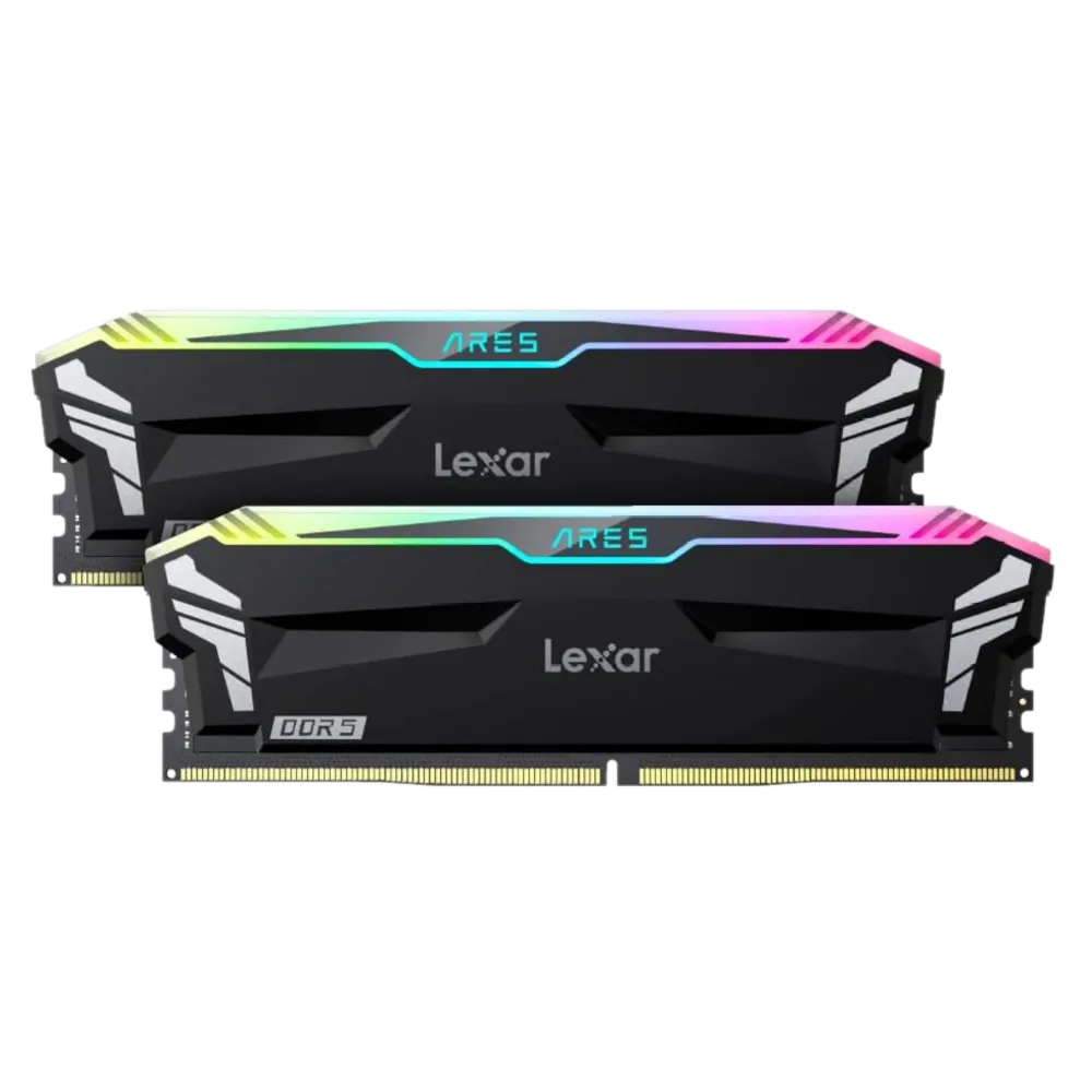 Ảnh render của thanh RAM Lexar ARES RGB 32GB DDR5 6000 CL30 màu đen với đèn RGB