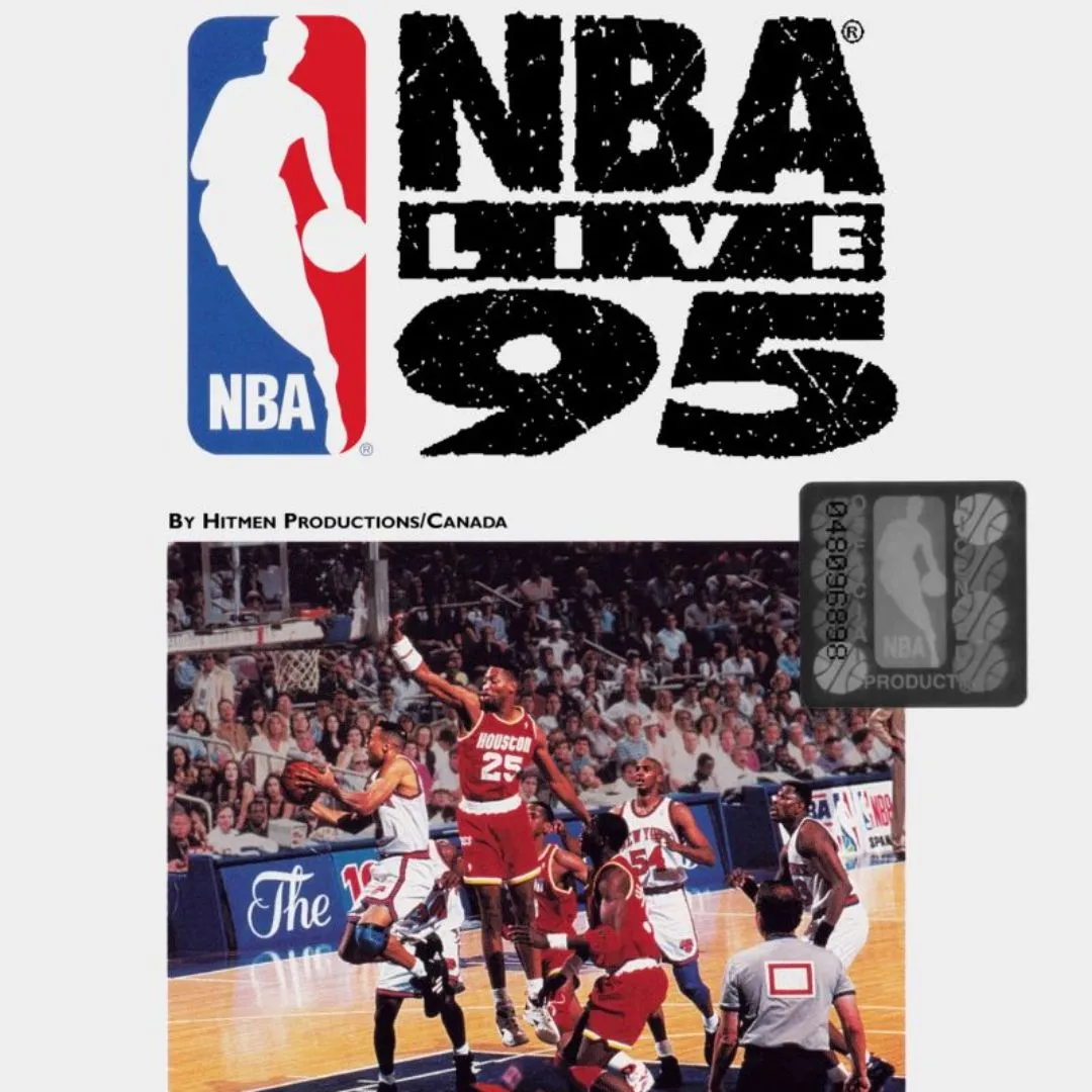Ảnh sản phẩm game NBA Live 95 trên SNES với logo và giao diện bóng rổ chân thực