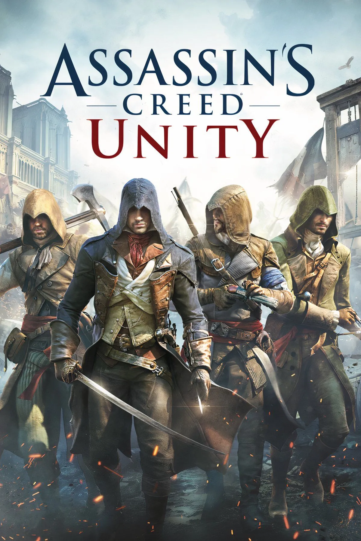 Arno Dorian trong trang phục sát thủ Assassin's Creed Unity đứng trước nhà thờ Notre Dame