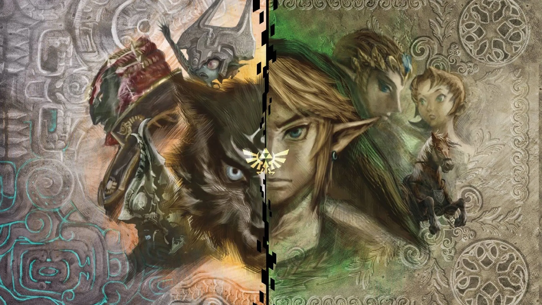 Artwork chính thức của Link (dạng người và sói) cùng các nhân vật khác trong The Legend of Zelda: Twilight Princess