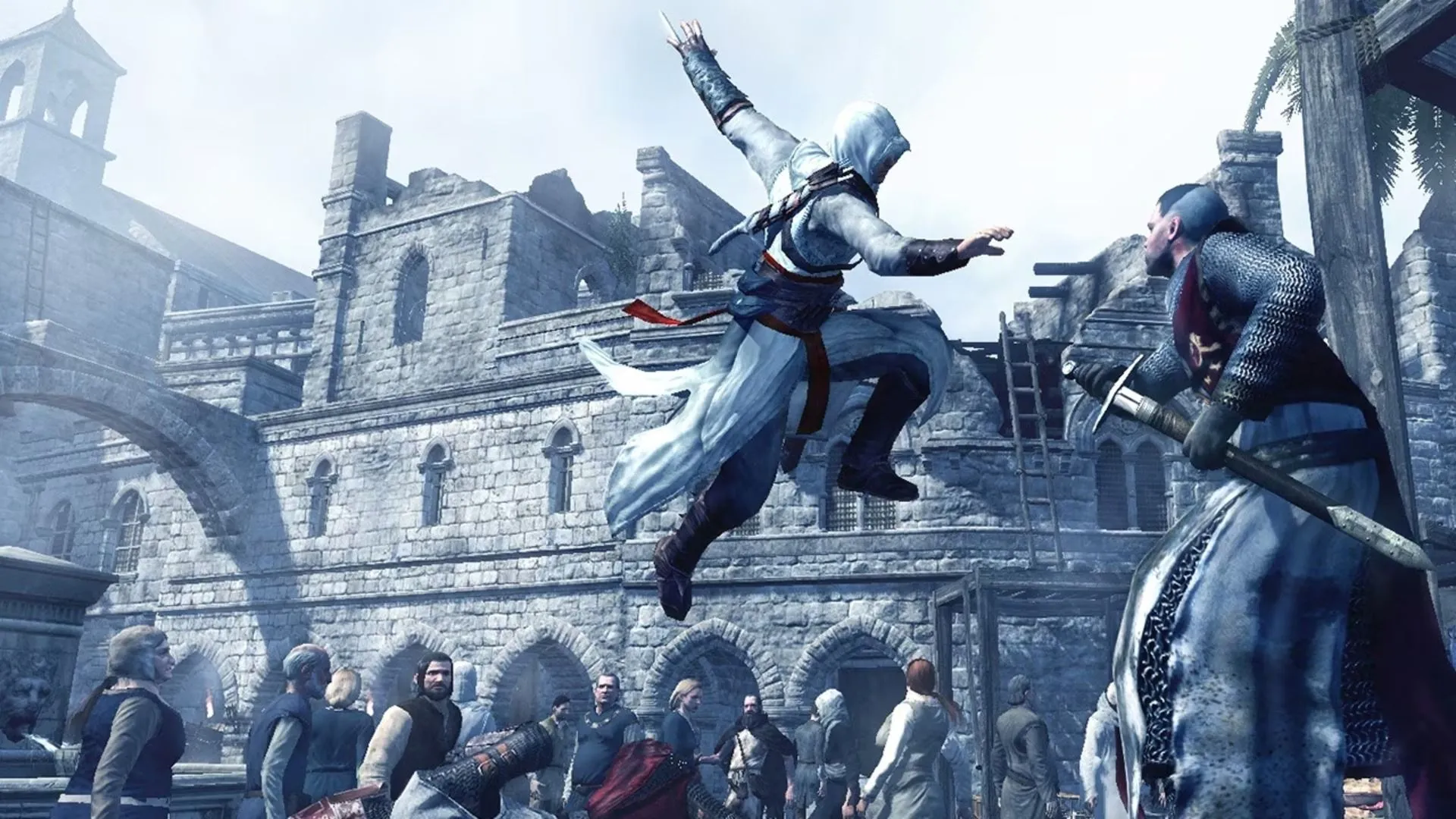 Assassin Altair đang leo trèo trên một tòa nhà cao chót vót trong game Assassin's Creed, thể hiện cơ chế parkour